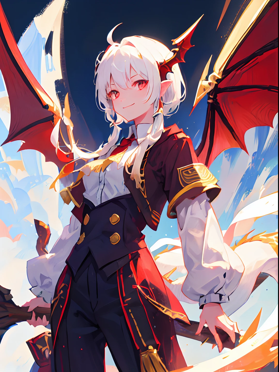 1girll、Red eyes、Sharp eye light、Student uniform、ssmile、White hair、Dragon wings、Dragon's horn、Dragon's tail,