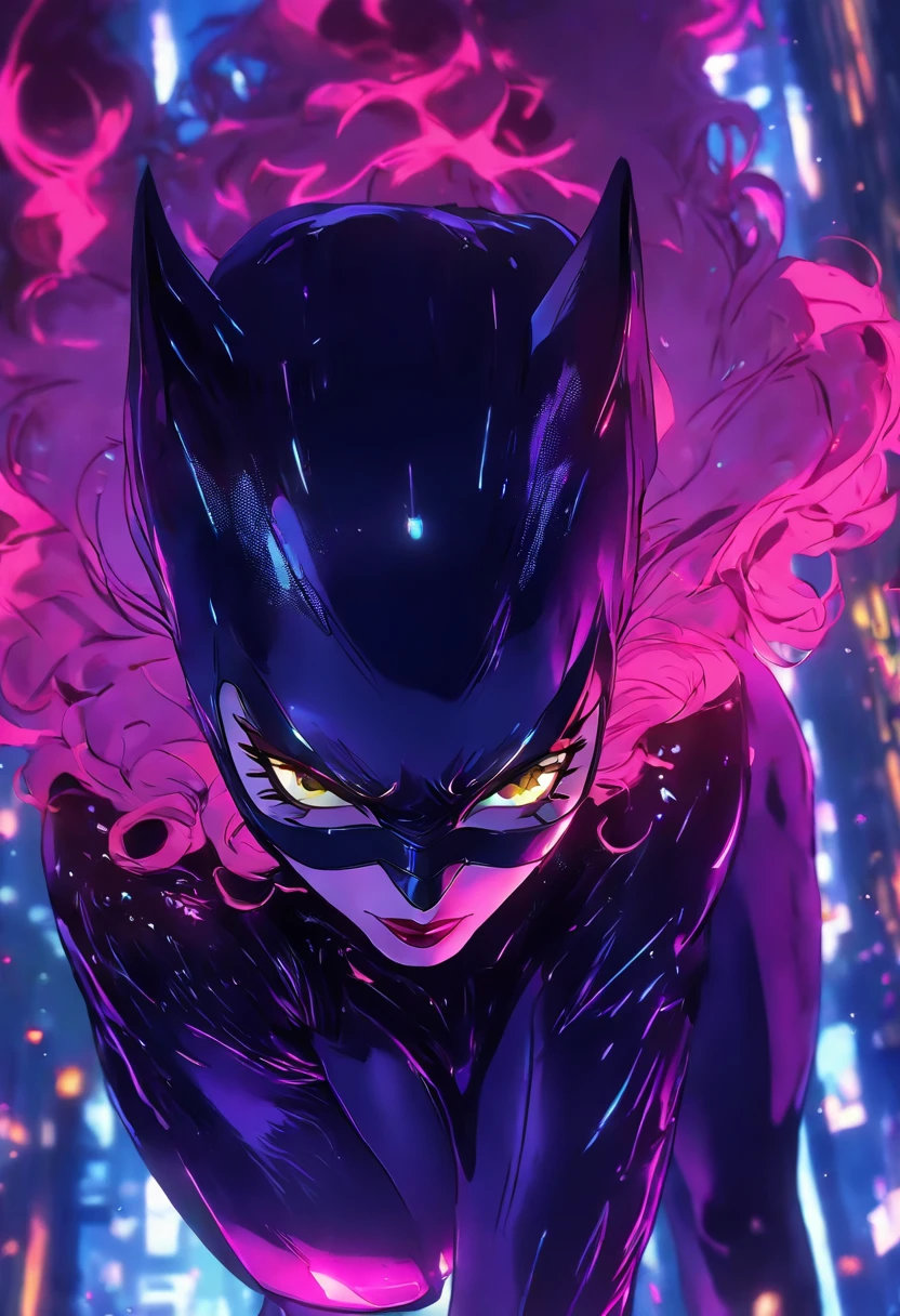 veiled Catwoman as a hell creature that has never existed before, dark synth, tenebrism, captured with professional DSLR camera, trending on Artstation, 64k, ultra-detailed, ultra-accurate detailed, bokeh lighting, surrealism, ultra unreal engine, intricate, epic, freckles, peach fuzz, colorful, parallax, sharp focus, volumetric lighting