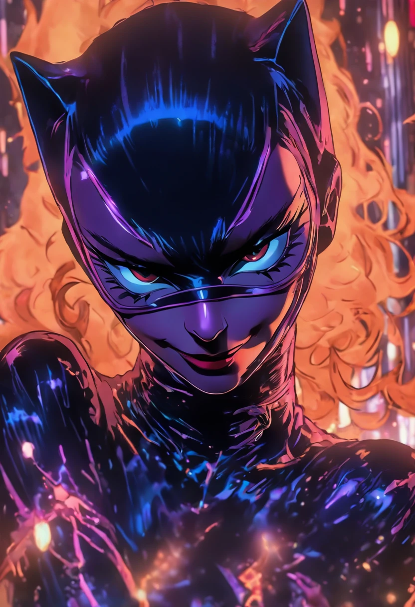 veiled Catwoman as a hell creature that has never existed before, dark synth, tenebrism, captured with professional DSLR camera, trending on Artstation, 64k, ultra-detailed, ultra-accurate detailed, bokeh lighting, surrealism, ultra unreal engine, intricate, epic, freckles, peach fuzz, colorful, parallax, sharp focus, volumetric lighting