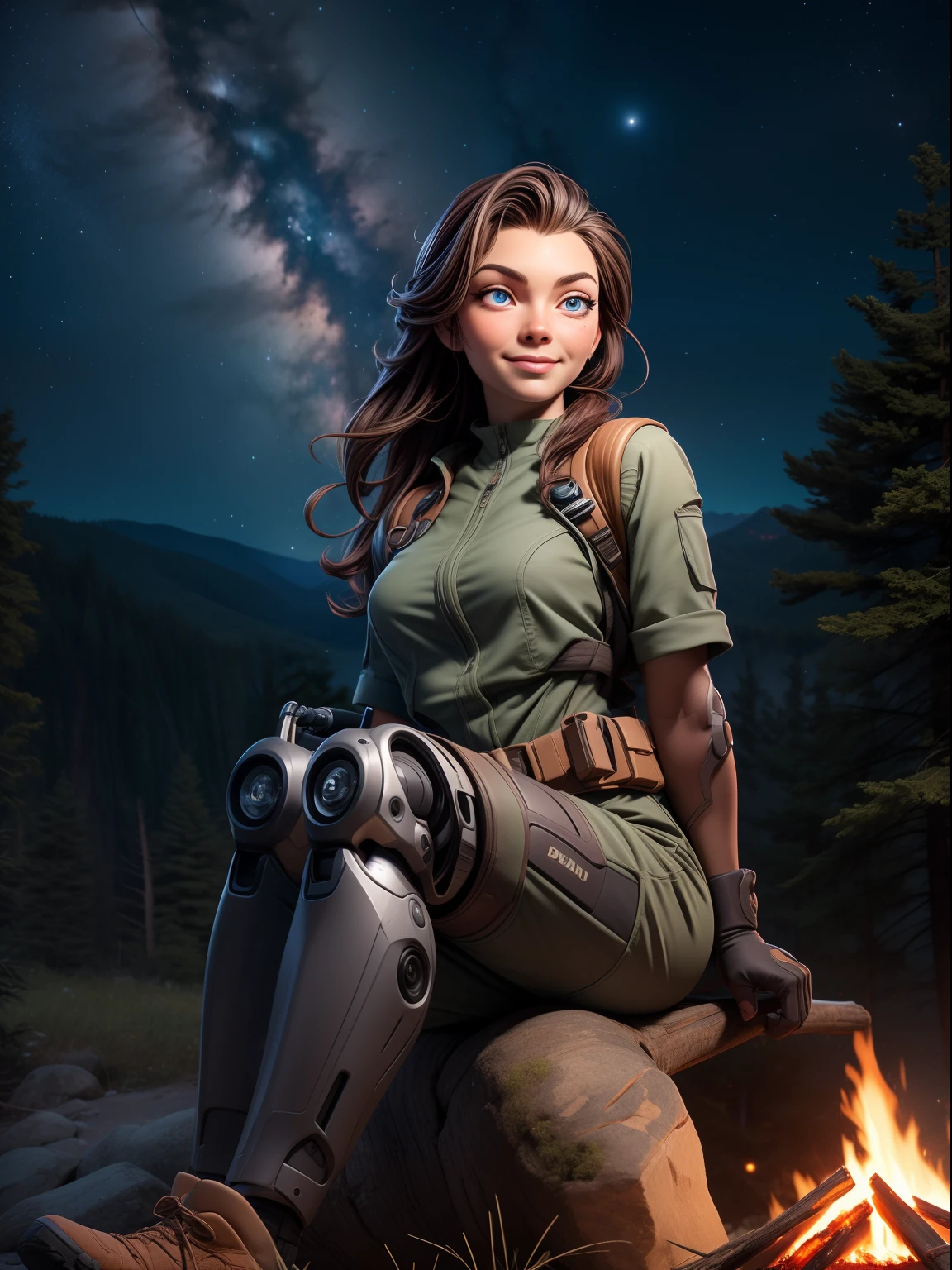 OverAllDetails Professional photorealistic artwork (waist up pose:1.2) of a smiling friendly female mountain bikepacker (cyborg), ultra-sharp focus, (sits near fire camp:1.3) in the woods (at night with stars and milky way trails:1.2), magnificent woods in background, detailed face, detailed eye, symmetric eyes, insanely detailed and intricate, masterpiece hyper realistic fantasy art by Don Lawrence, Professional color grading by Kenneth Hines Jr.