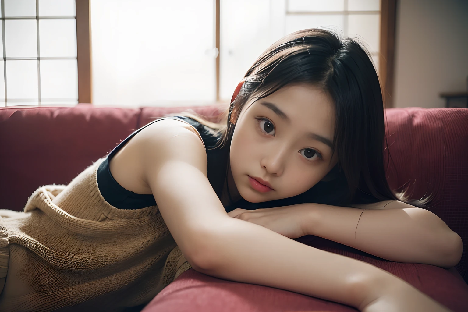 (13 year old girl in Japan, bangss,long, Small round face:1.2), (flat chest:1), Lying on the sofa,Hands are outstretched, Cinematic lighting, depth of fields,
(8K, Raw photography, top-quality, masutepiece:1.2), ultra res, (Realistic, photos realistic:1.37).