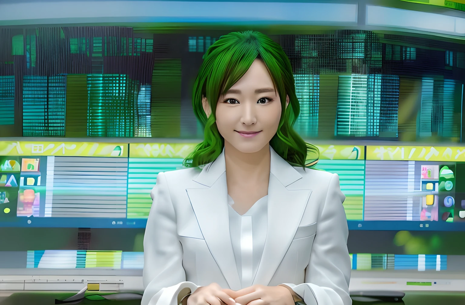 White suit and green shirt、There was a woman with black leather gloves on both hands, Portrait of female Japan idols, 8K portrait rendering, realistic anime 3 d style, Portrait of a black-haired idol, 8 k realistic digital art, high quality portrait,Wearing black leather gloves on both hands