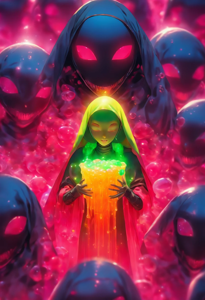 Semi-body shot, Ultra Realistic Photo, Beautiful model wearing avant-garde jelly alien nun mask, rendering by octane