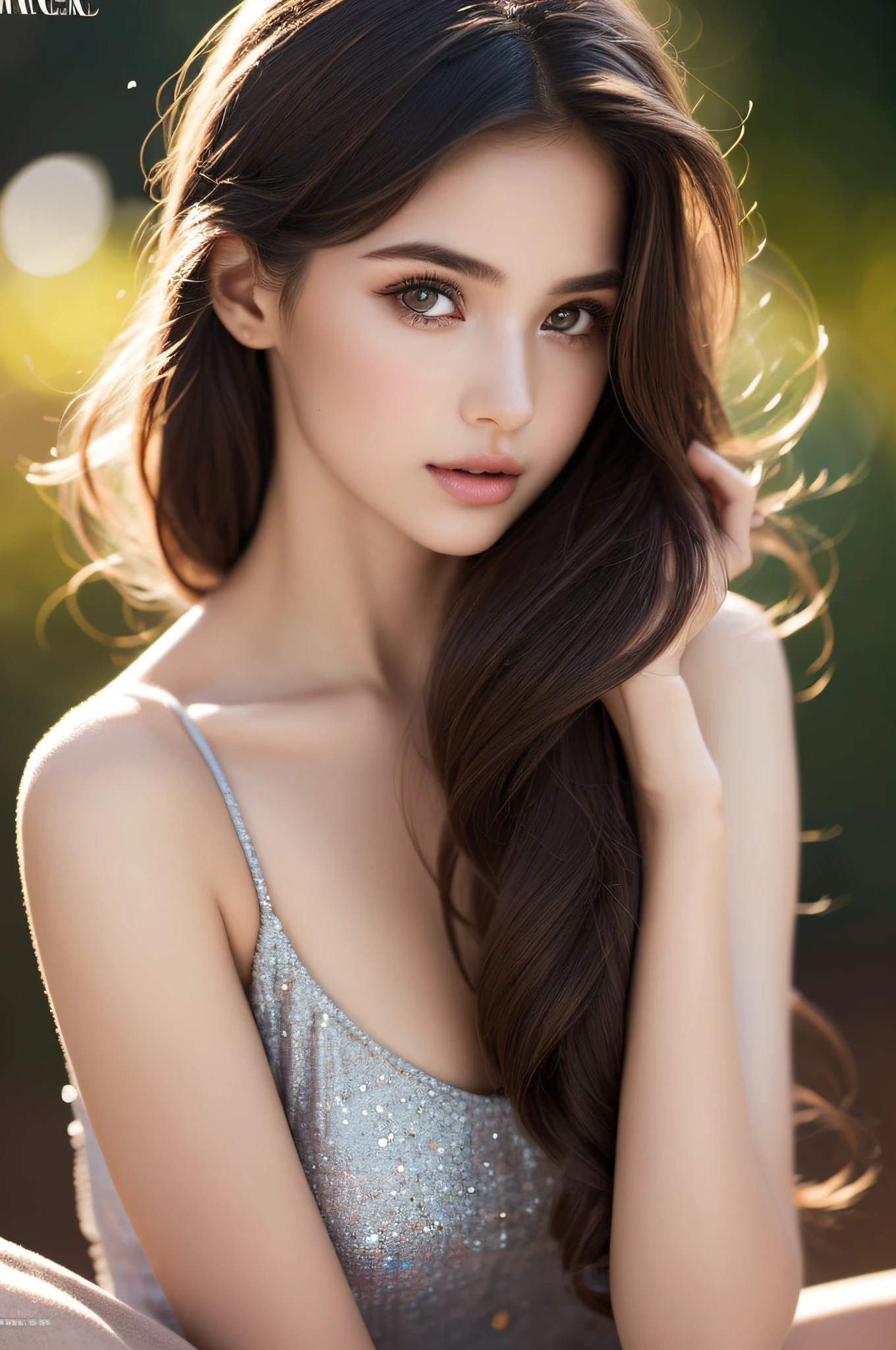 (best quality), (ultra-detailed), (llustration), (detailed light), (an extremely delicate and beautiful), ***ung girl, long hair, brown hair, brown eyes, model, (women fashion magazine coverr:1.5), best quality, extremely detailed CG unified 8k wallpaper, High-definition raw color photos, professional photograpy, (((Bokeh))), depth of fields,