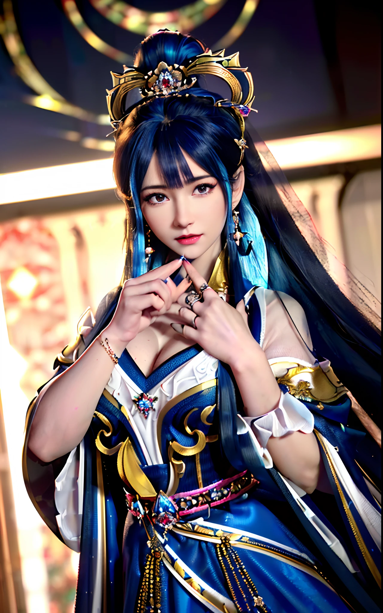 ((realisticity: 1.2)), ((realistic: 8K UHD)), ((best resolution: 8K UHD)), hyper detailed, best quality,masterpiece,highres,cg, ((1 girl hyper detailed and hyper realistic) ) , ((beautiful queen, hyper realistic and hyper detailed)),((white skin, beautiful, smooth, youthful, hyper realistic and hyper detailed )), ((Face hyper beautiful, white, hyper realistic and hyper detailed ) ), long hair, ((hyper realistic and hyper detailed dress)), solo, ((hyper realistic, hyper beautiful, beautiful and hyper detailed jewelry)), ((hyper beautiful deep red and golden yellow dress, hyper realistic and hyper detailed )) , ((Her pretty, hyper realistic, hyper detailed diamond filled earrings)), ((Her gorgeous diamond haircut, hyper realistic and hyper detailed)), ((hyper pretty upper body, hyper beautiful, hyper realistic and hyper detailed) ), ((medium breast: 1.1)), ((hyper realistic, hyper pretty, hyper detailed boobs)), ((the backgroun of the royal palace is hyper majestic, hyper realistic and hyper detailed)),((hands and palms hyper beautiful, hyper detailed, hyper realistic)), ((hyper detailed and hyper realistic fingers and fingernails)), ((hyper pretty fingernails, hyper vivid, hyper detailed, hyper realistic)), ((thumb, index finger, middle finger, ring finger, little finger hyper vivid, hyper pretty, hyper detailed, hyper realistic)),
((hyper beautiful fingers, hyper detailed, and hyper realistic)), ((posture not too fat and not too thin, hyper realistic, hyper detail)), ((hyper pretty, hyper pretty, hyper realistic and hyper detailed hair bun)), ((hyper pretty , hyper realistic and hyper detailed blue hair)), candid, Photo, high resolution, 8k , bokeh,