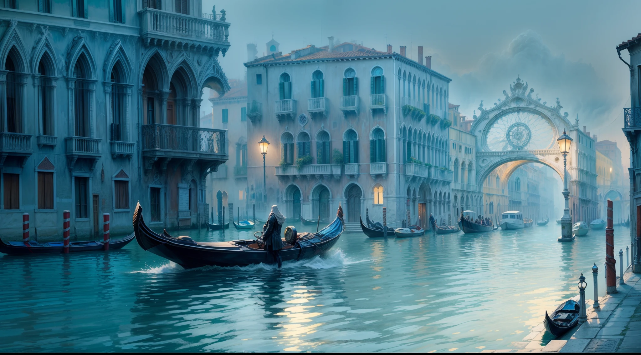 Chronos Portal, Venice, foggy, painting, speed, futurism, expressionism, canal, boat, sombre, early morning blue