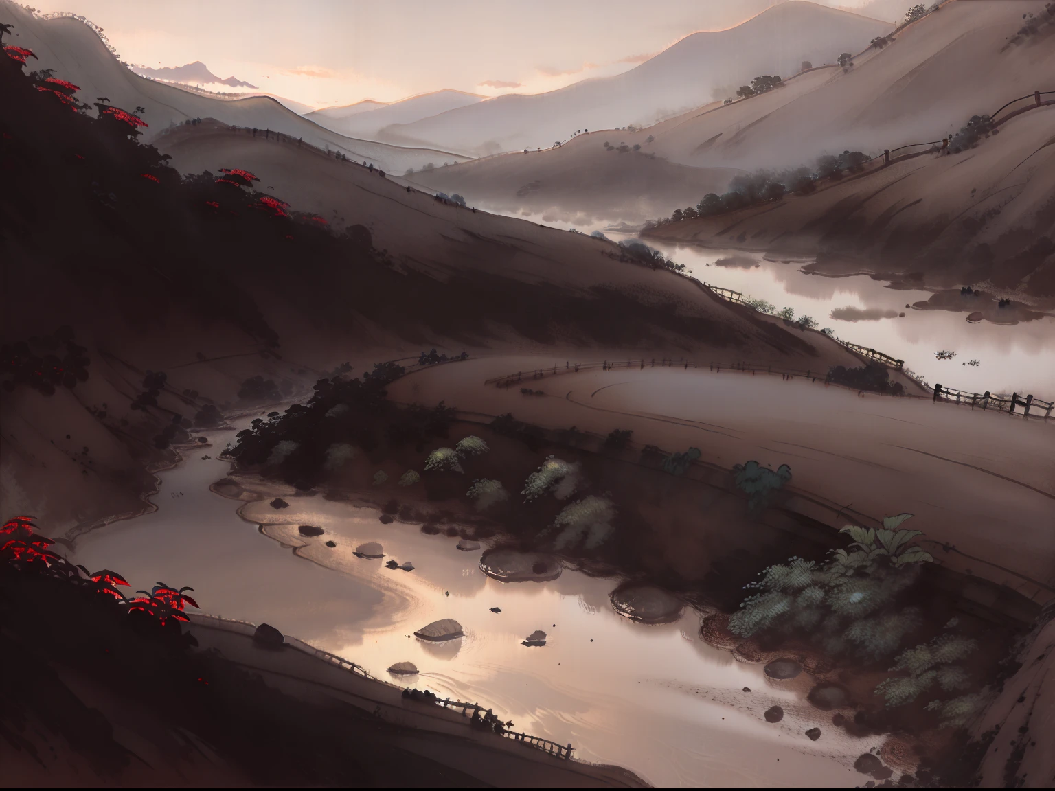 Chinese ink-splashed landscape painting，The sun rises，mountain peaks，Impressive