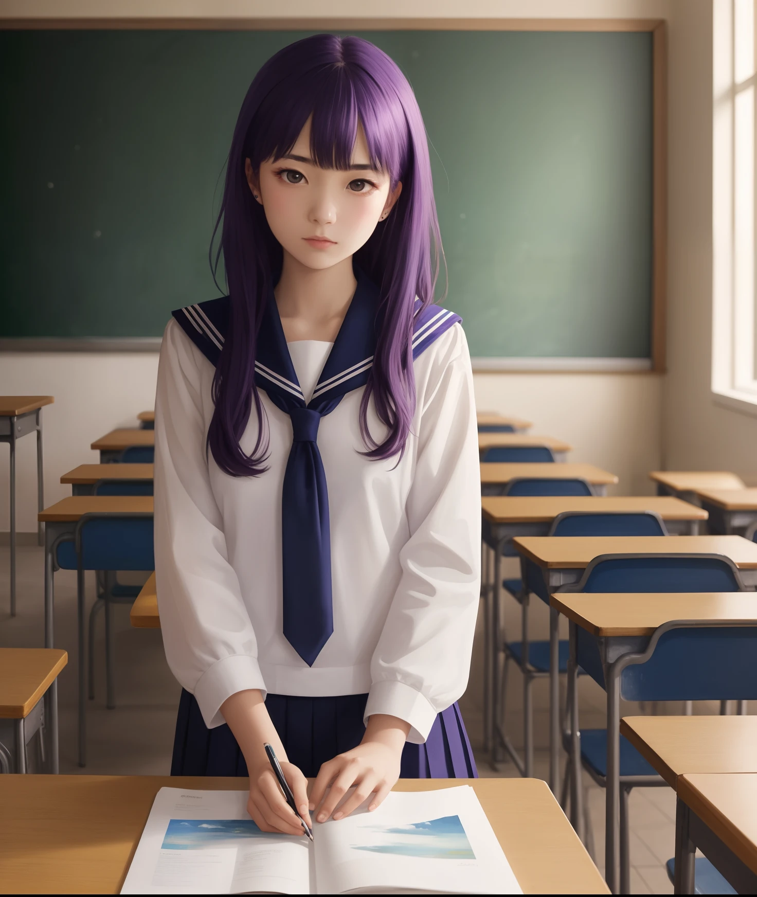 An eighteen-year-old young woman with long purple hair in a sailor's suit sits in the classroom (School 1.5 In the background) (The expression is serious, Cold 1.5) (Best quality: 1.1) (Masterpiece: 1.3) With unparalleled masterpieces, Surreal 8K, Perfect artwork, Super detail, Best quality, Masterpiece 4K wallpaper aesthetics, Masterpiece, Award-winning artwork, offcial art, Cinematic lighting