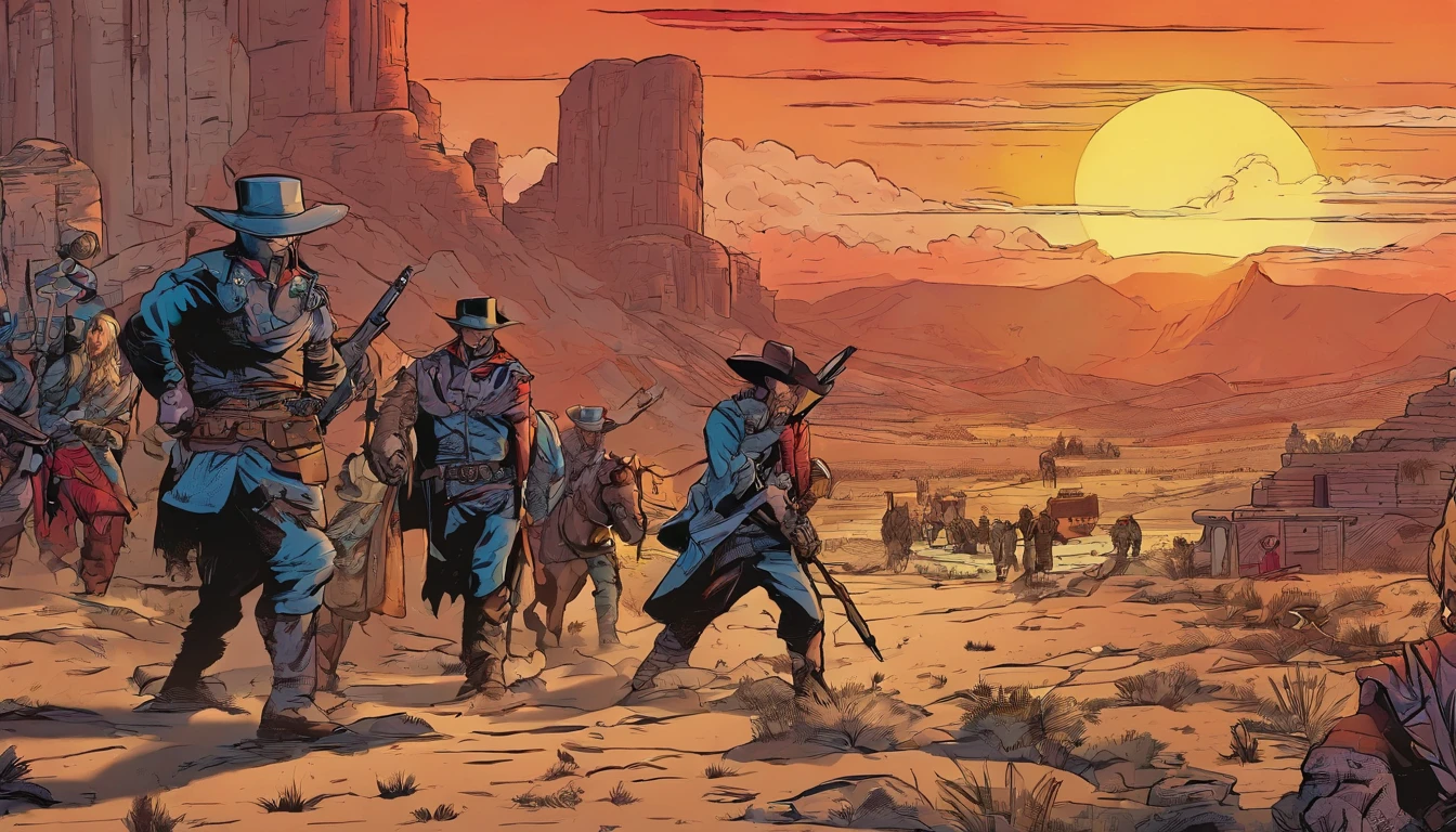 dark fantasy, soldiers, blood, bloody, gore, wild west, war frontier, crossfire, desert, top-down view, futuristic retro, retro punk, cowboy, UHD