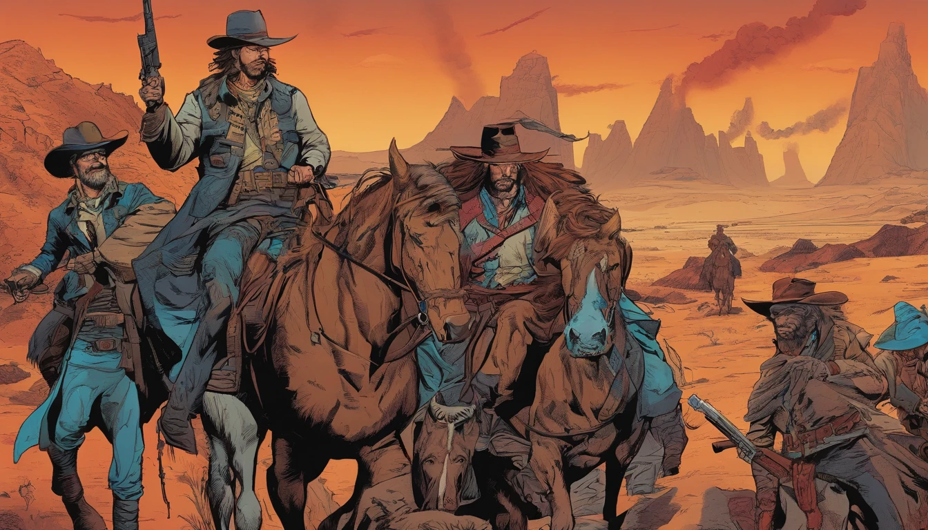 dark fantasy, soldiers, blood, bloody, gore, wild west, war frontier, crossfire, desert, top-down view, futuristic retro, retro punk, cowboy, UHD