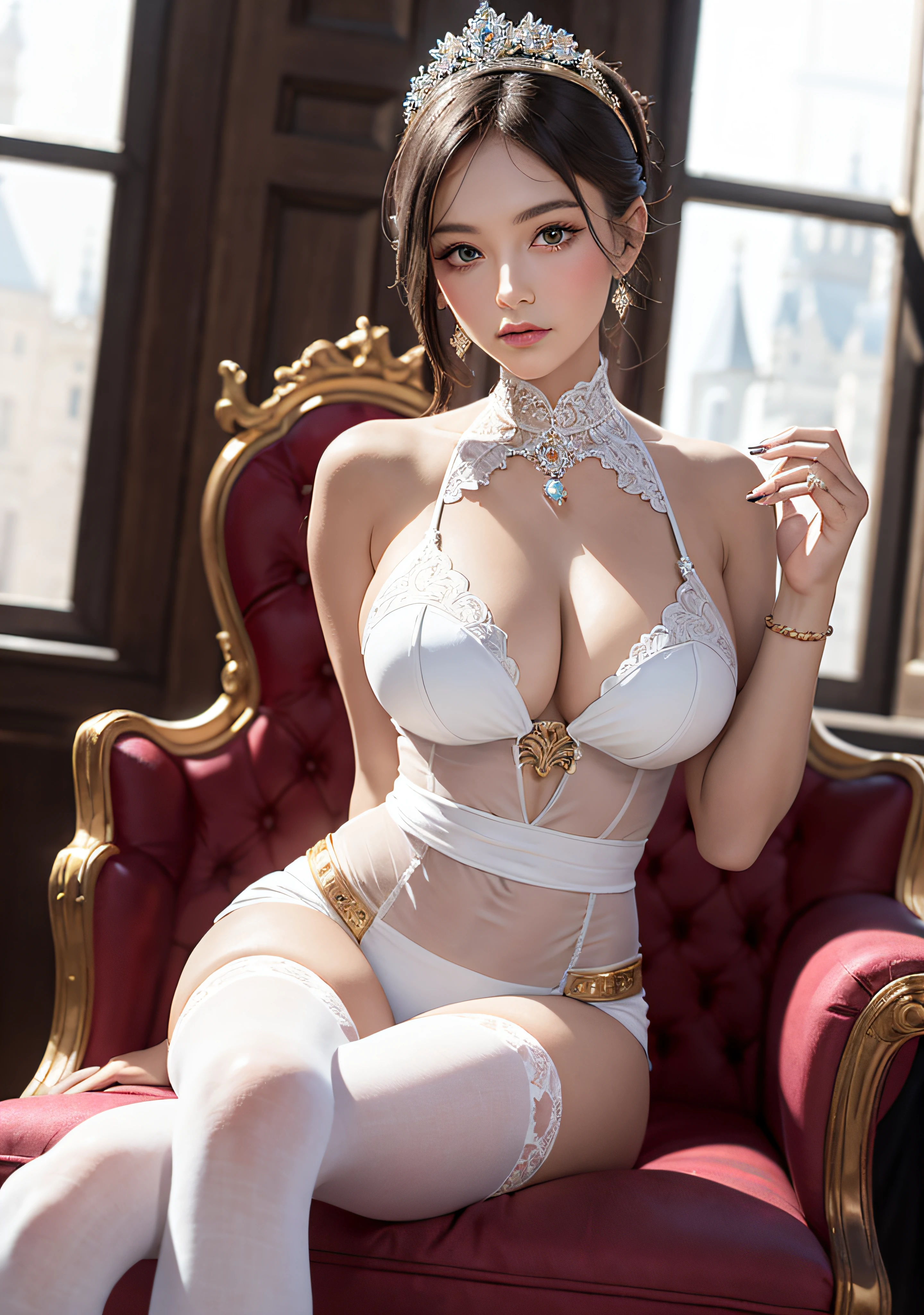 Arapefi, Princess dress， The man in purple sat on the throne， wearing high heels，Look from the front，next to a big window,  close-up from the front, next to a window, sitting in a castle, Sense of transparency，（oversized boobs，1.5），Expose cleavage，Turn around and look at the camera，tmasterpiece，Flawless，Sense of transparency，Empty inspiration，More details and decoration，（Expose the whole body,1.8），Exposing thighs，，long leges，8K，（Wear decorations such as rings，1.9），White-colored skin，Ornate ornament，Waist stockings，one-girl