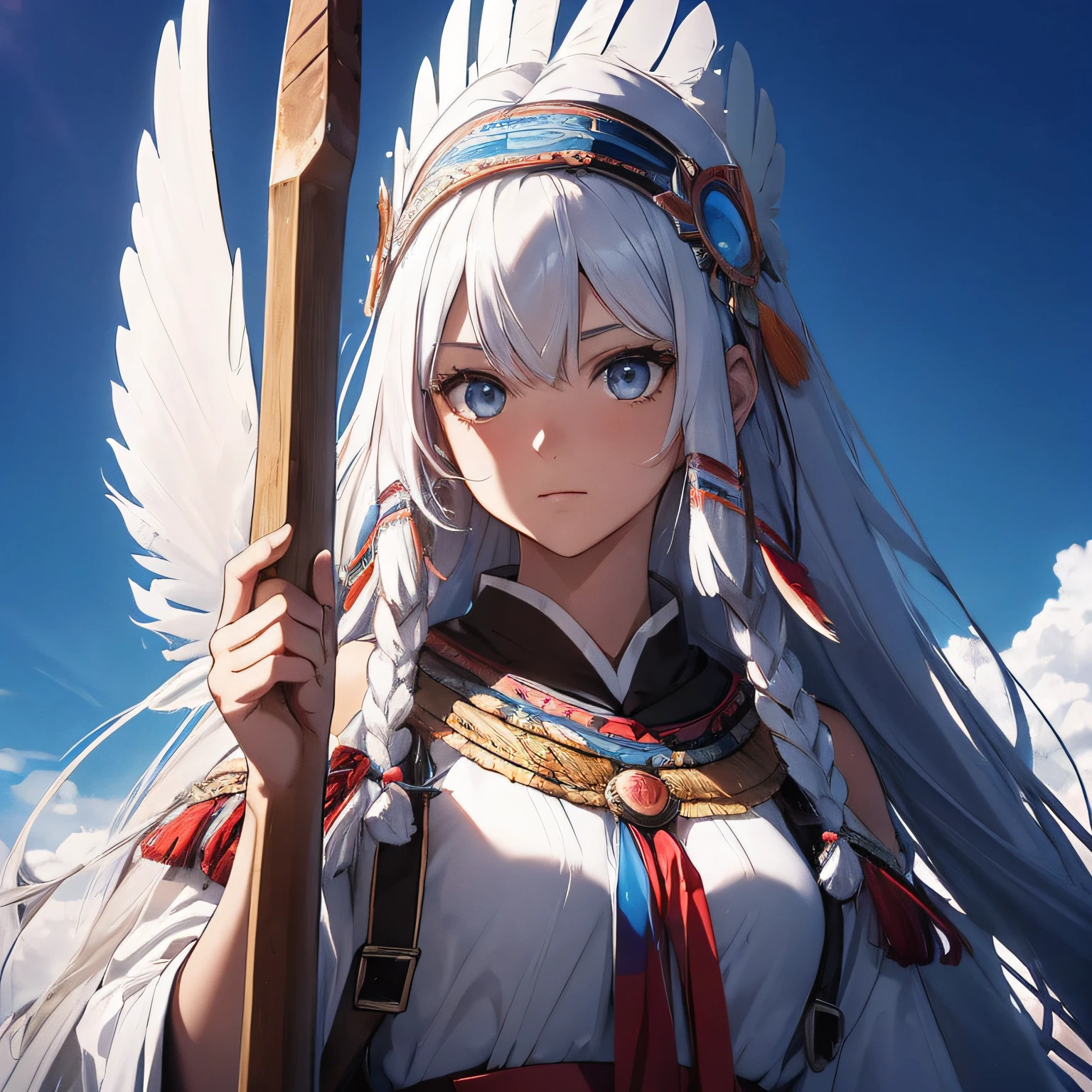 (Best Quality,Ultra-detailed,prismatic effects:1.2),masutepiece:1.2,skyporn, (youth) native american, long white hair, While staring at the sky, holding axe, Traditional attire, Headdress of feathers,The magnificent Mount Olga, (Ayers Rock),Majestic Eagle, Sunlight