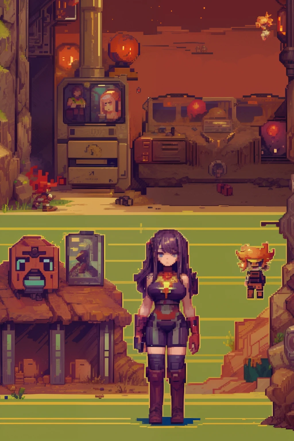 Pixel-Art Adventure featuring a Goth Girl from Earth, Pixelated goth girl character, stony red desert environment, side scroller game like Metroid, goal is to save Barsoom from the followers of Isis, vibrant 8-bit environment,