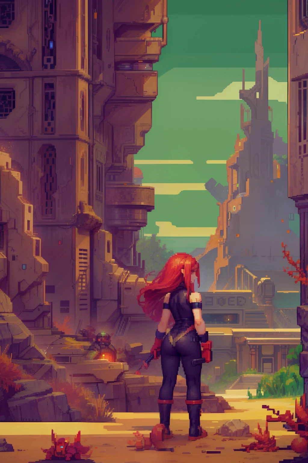 Pixel-Art Adventure featuring a Goth Girl from Earth, Pixelated goth girl character, stony red desert environment, side scroller game like Metroid, goal is to save Barsoom from the followers of Isis, vibrant 8-bit environment,
