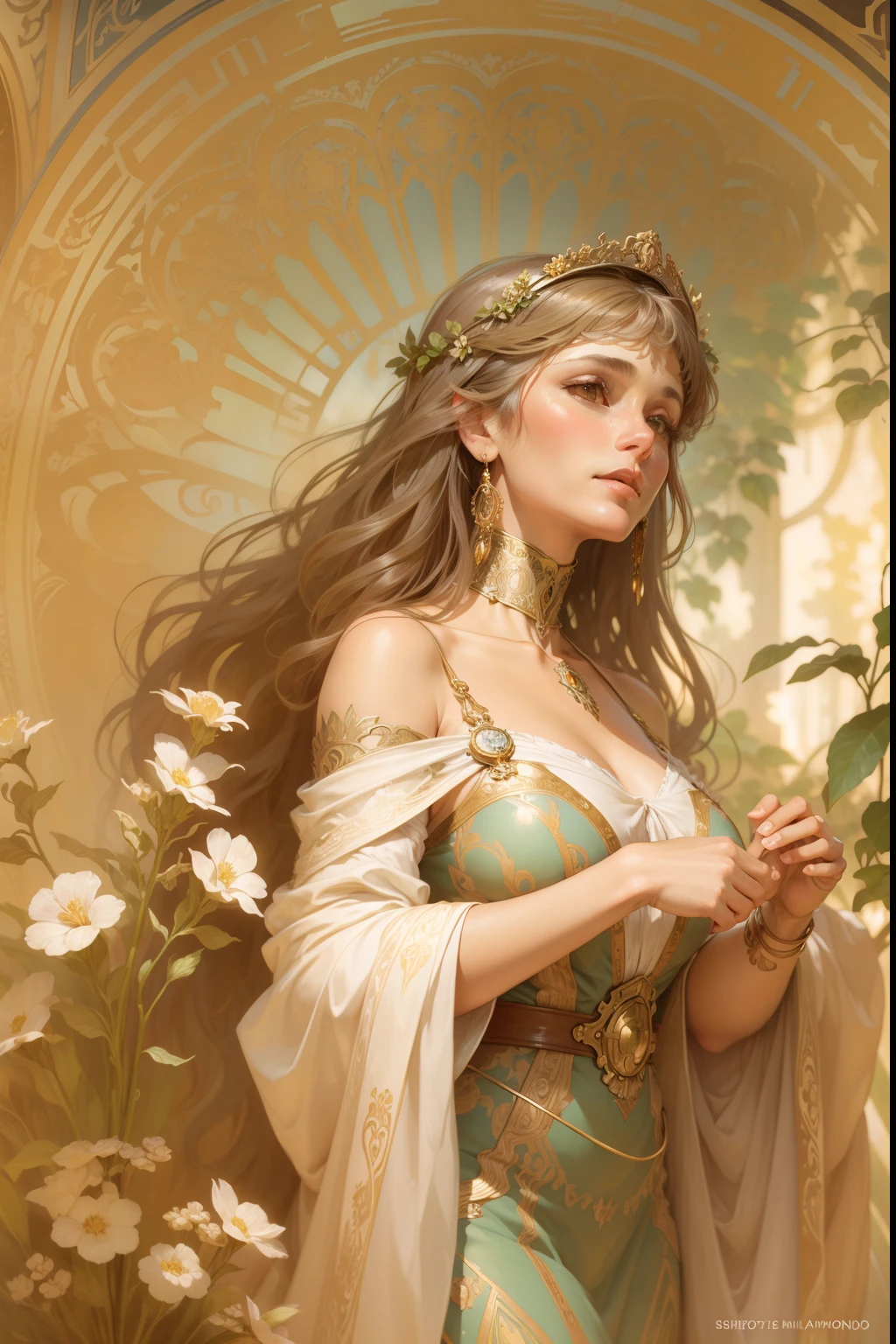 Photorealistic, Stunningly Beautiful woman, highly detailed, realistic, Alphonse Mucha, Gismonda,