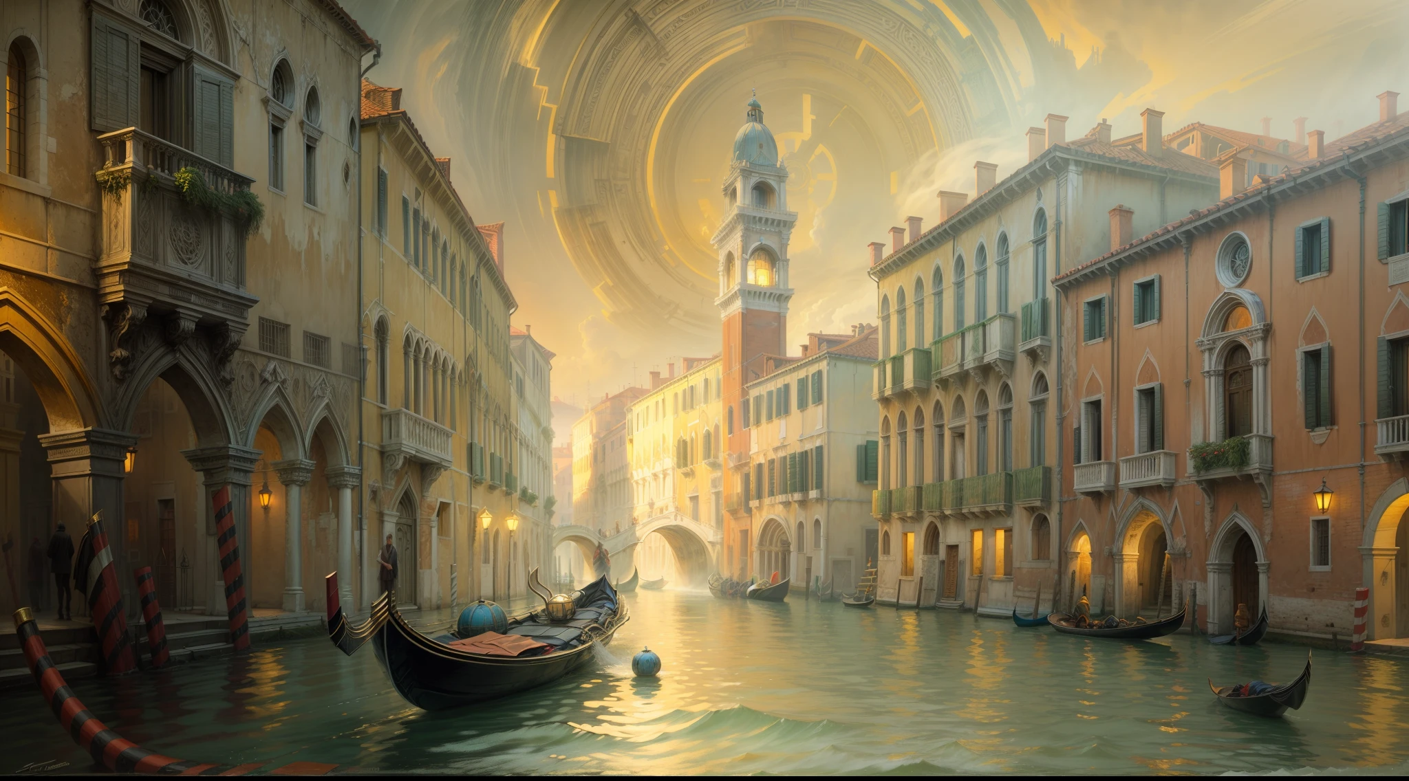 Chronos Portal, Venice, foggy, painting, speed, futurism, expressionism, eerie light, canal, sombre, painting by turner