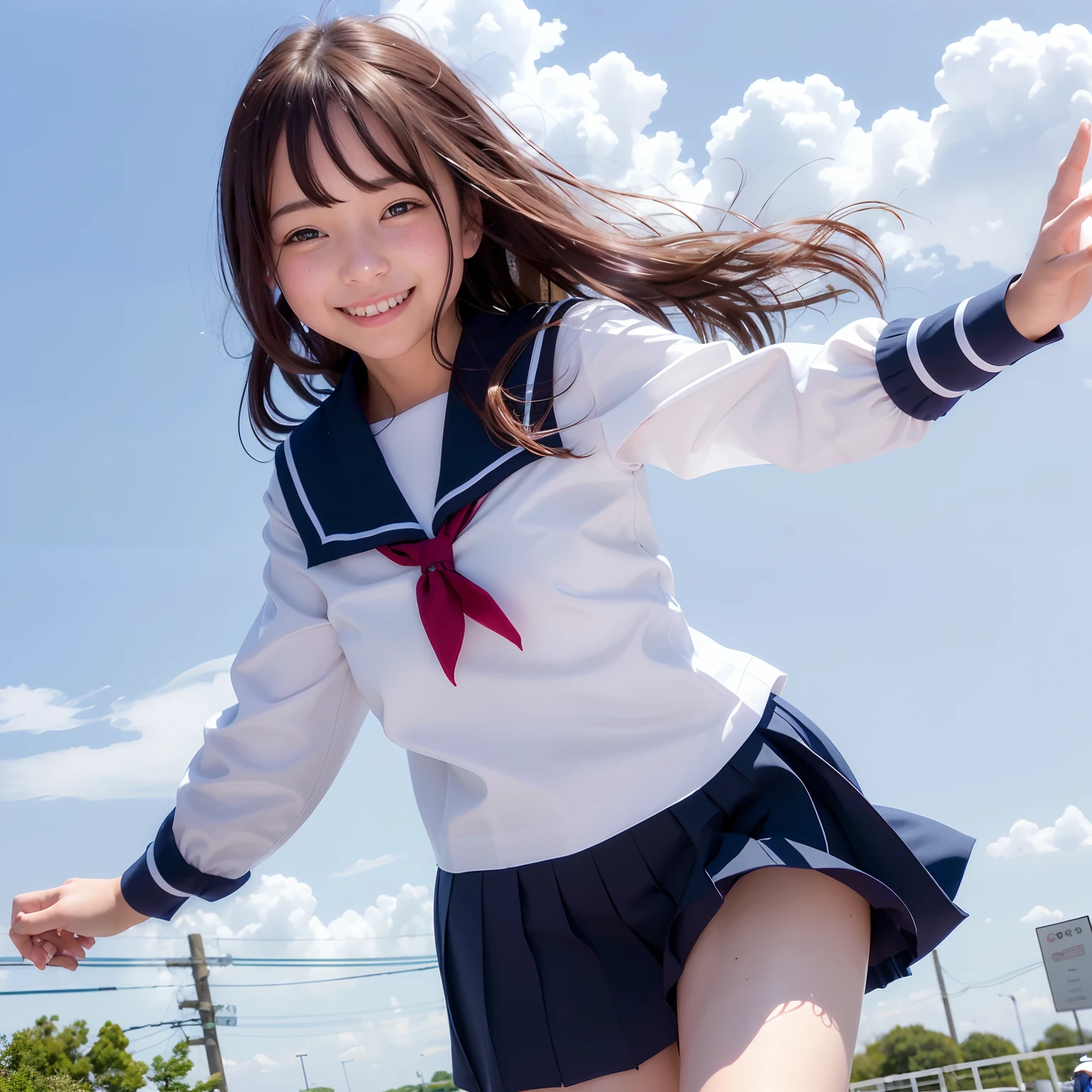 (8k, best quality, masterpiece: 1.2), (realistic, photorealistic: 1.37), super detailed, one girl, solo, cute, beautiful detailed sky, (smile: 1.2), (grin), beautiful detailed eyes, floating hair, (uniform: 1), stockings, full body, street, thin