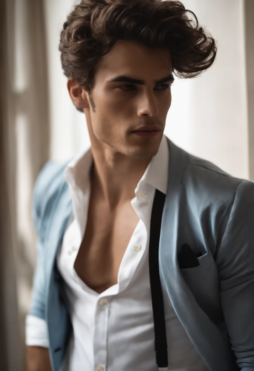 Homem branco jovem, de cabelo curto e loiro etnia europeia, sem camisa e forte. Ele deve estar de costas, dentro de um quarto moderno de dia. Dentro de um apartamento.