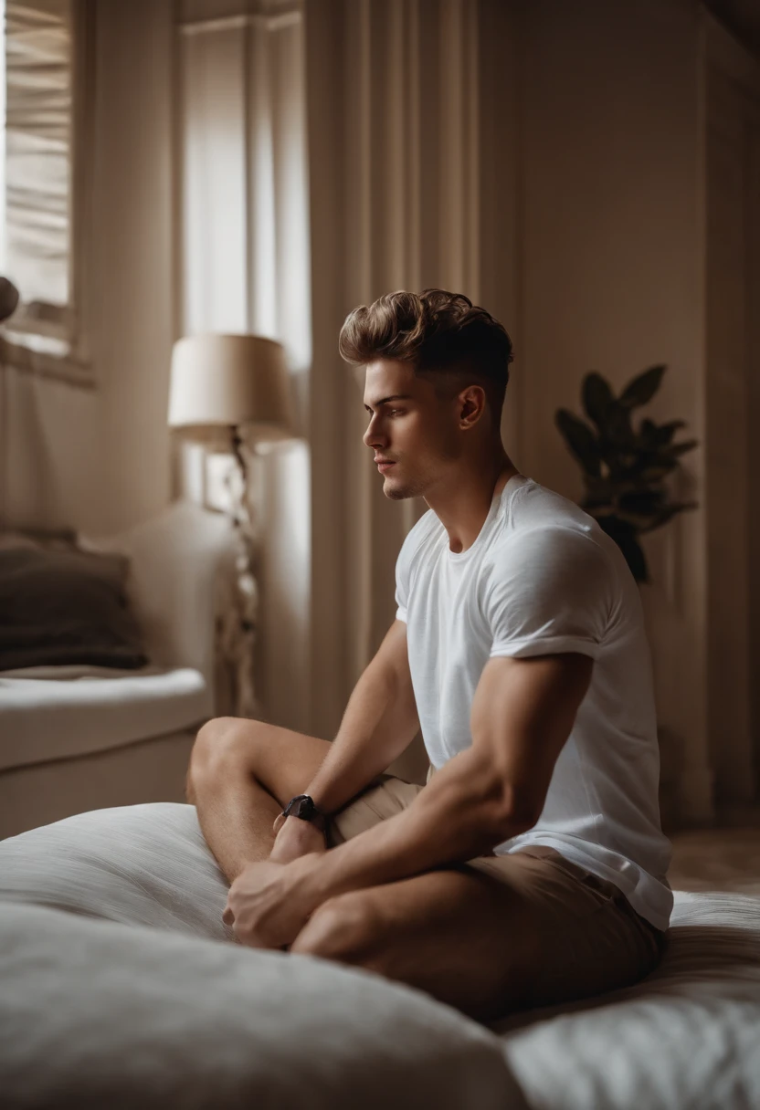 Homem branco jovem, de cabelo curto e loiro etnia europeia, sem camisa e forte. Ele deve estar de costas, dentro de um quarto moderno de dia. Dentro de um apartamento.