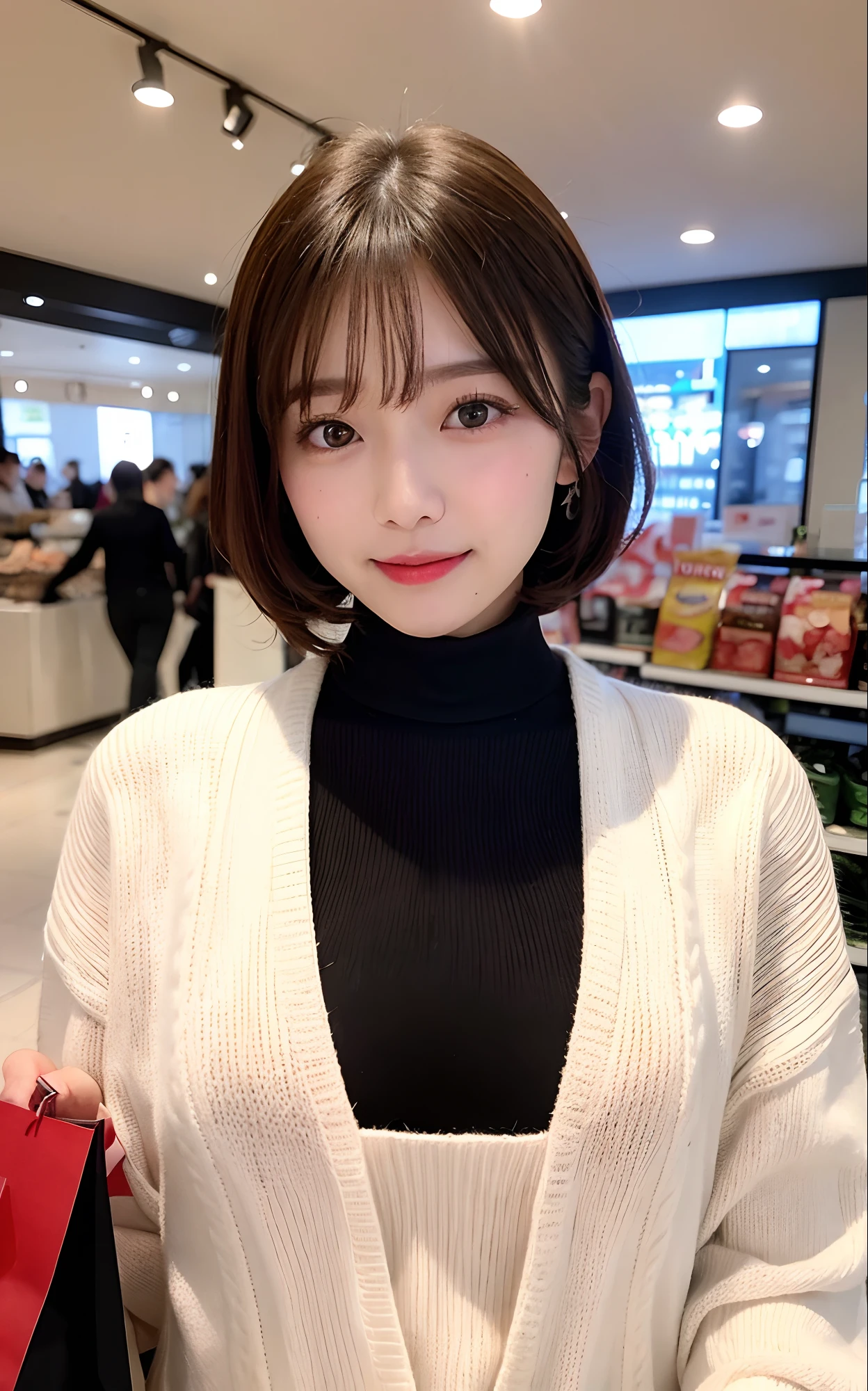 masutepiece, Best Quality, Ultra-detailed, finely detail, hight resolution, 8K, Perfect dynamic composition,In the shop、(((Shopping while shopping)))、(((Black Turtleneck Knit)))、((Red cheeks))、(is standing)、White mini skirt、white sock、Japan 18-year-old woman、 Beautiful detailed eyes, Medium short hair, Natural Color Lip,F Cup Breasts、Opens mouth and laughs、bangss、Red cheeks