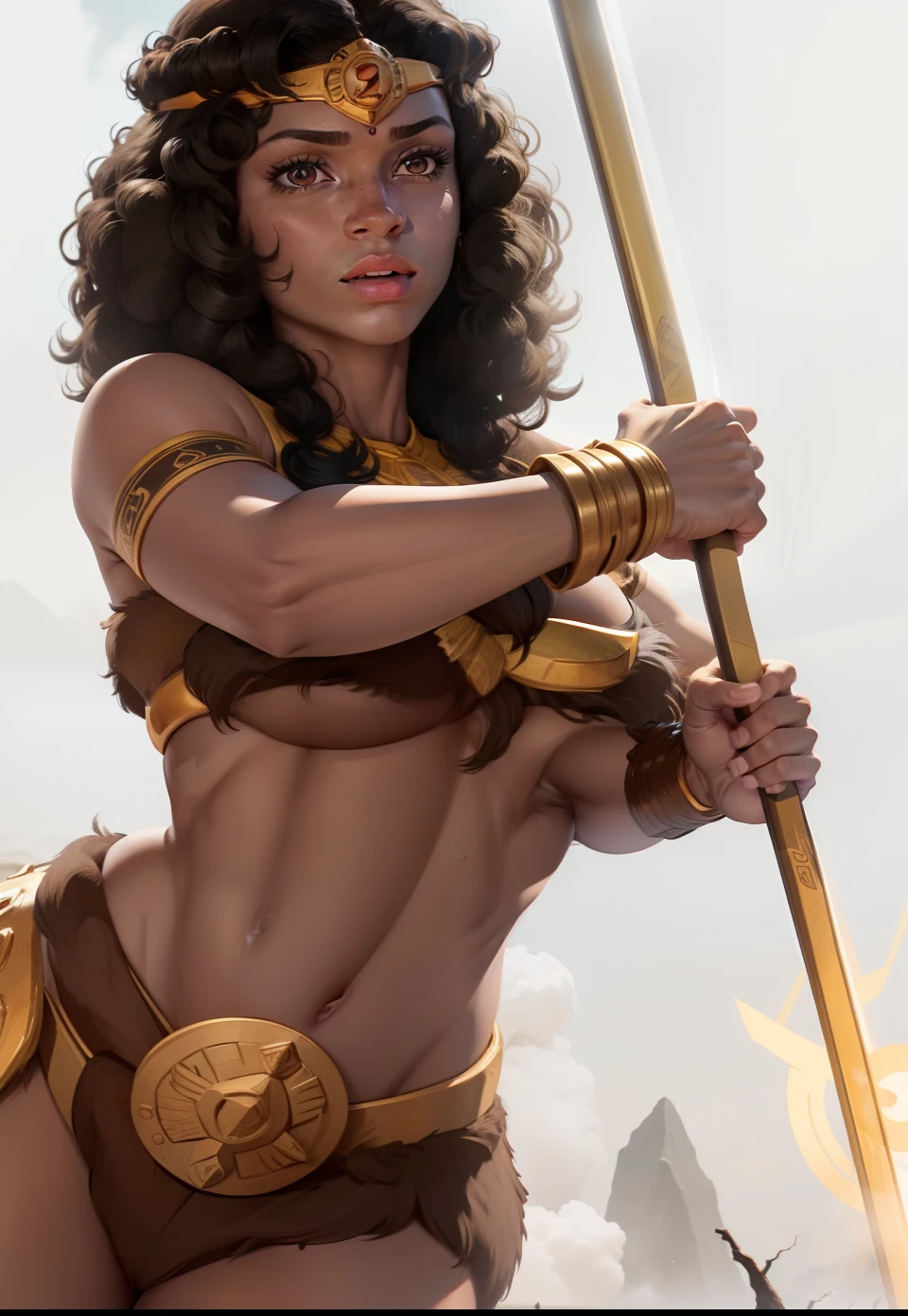 1 mulher, Diana, Dungeons and Dragons, Linda, pele morena, holding a golden spear, usando uma roupa de pele de urso, guerreira, com uma tiara de ouro, com braceletes de ouro, sexy, bunda grande, pernas grossas, （muito detalhado CG unidade 8k papel de parede），melhor qualidade，cinmatic lighting，fundo detalhado，belos olhos detalhados，pupilas brilhantes，（Muito fino e bonito），（Beautiful and detailed eye description），Ultra - Detalhado，Facing the camera squarely，Um andar alto，Ultra - Detalhado）8k,