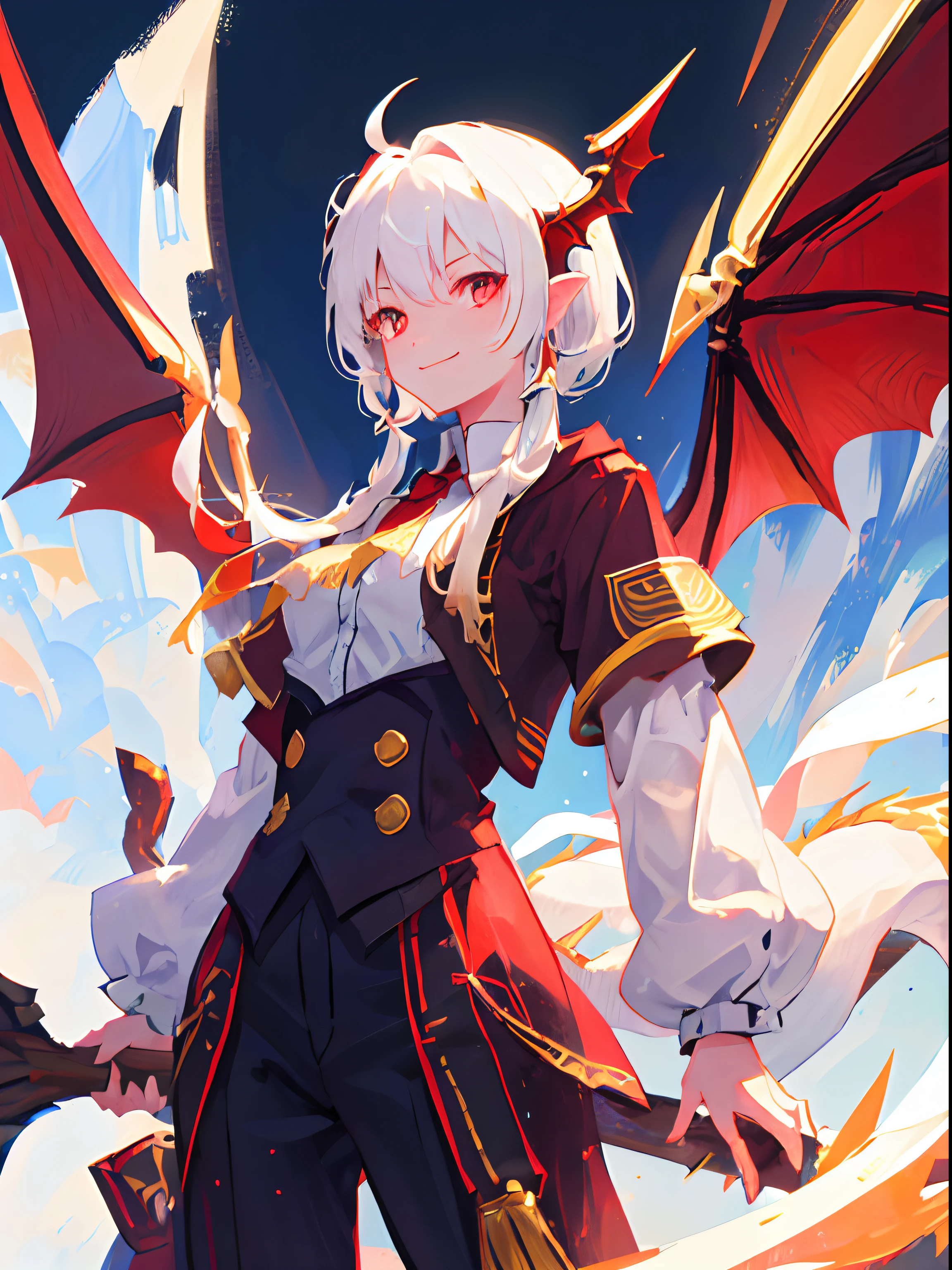 1girll、Red eyes、Sharp eye light、Student uniform、ssmile、White hair、Dragon wings、Dragon's horn、Dragon's tail,