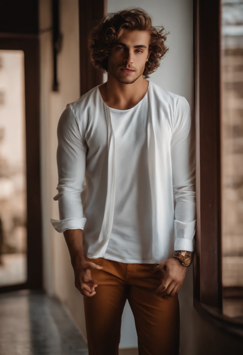 Homem branco jovem, de cabelo curto e loiro etnia europeia, enfatizar as costas sem camisa e forte. Ele deve estar de costas para foto, dentro de um apartamento.