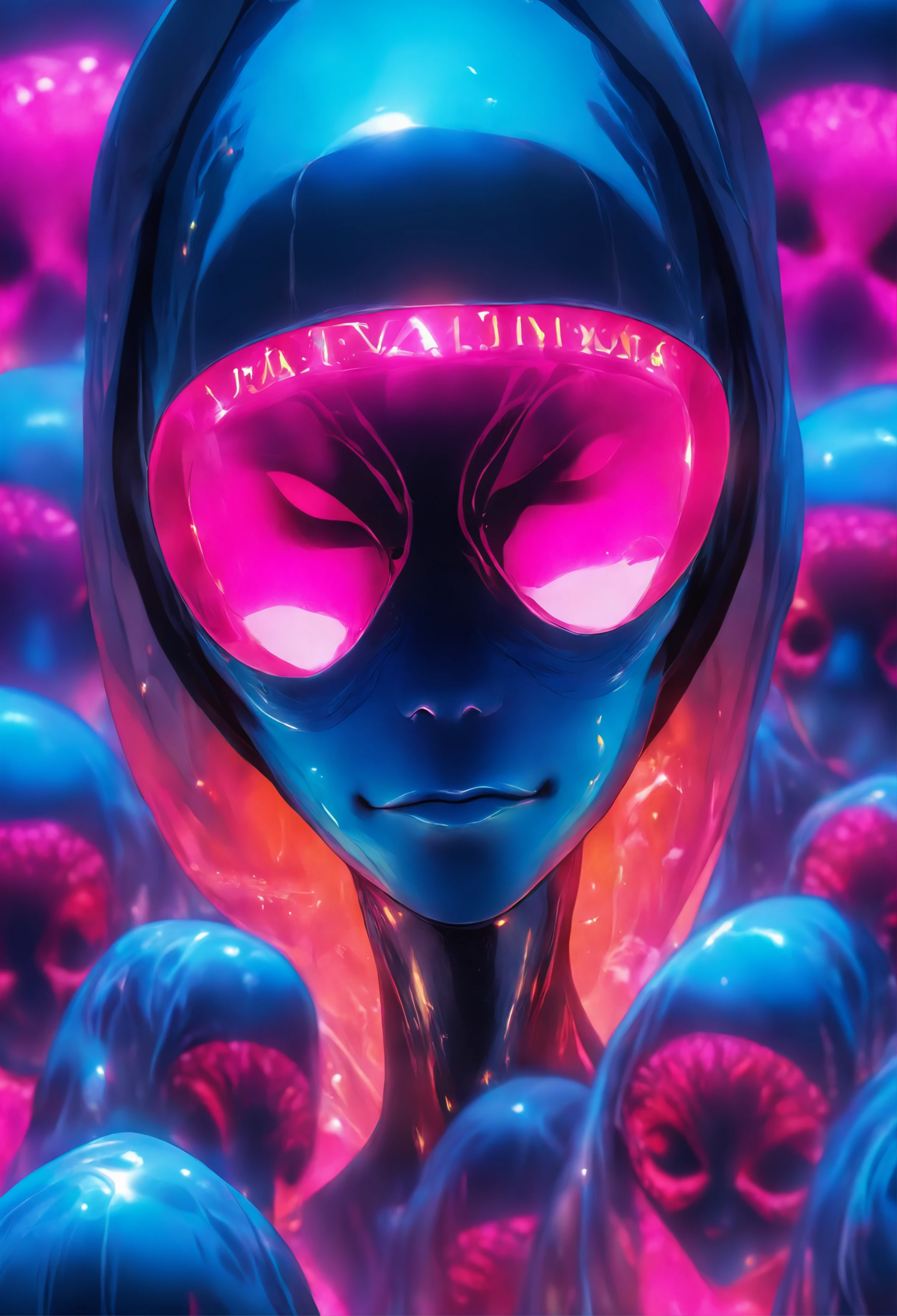 Semi-body shot, Ultra Realistic Photo, Beautiful model wearing an avant-garde jelly alien nun mask, rendering by octane
