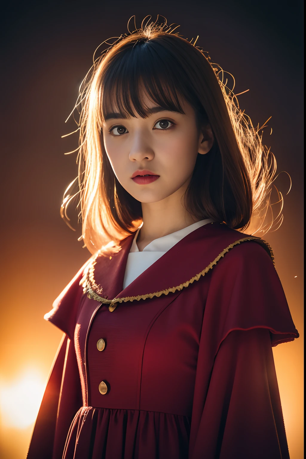 (shiny white skin:1.4),(a girl with big breast:1.6),(cute face:1.5) ,(curly bangs:1.5) (mystic gold pedestal of qualifications with much red yarn:1.5) ,(white blouse:1.4),(school uniform:1.5) extremely detailed CG unity 8k wallpaper