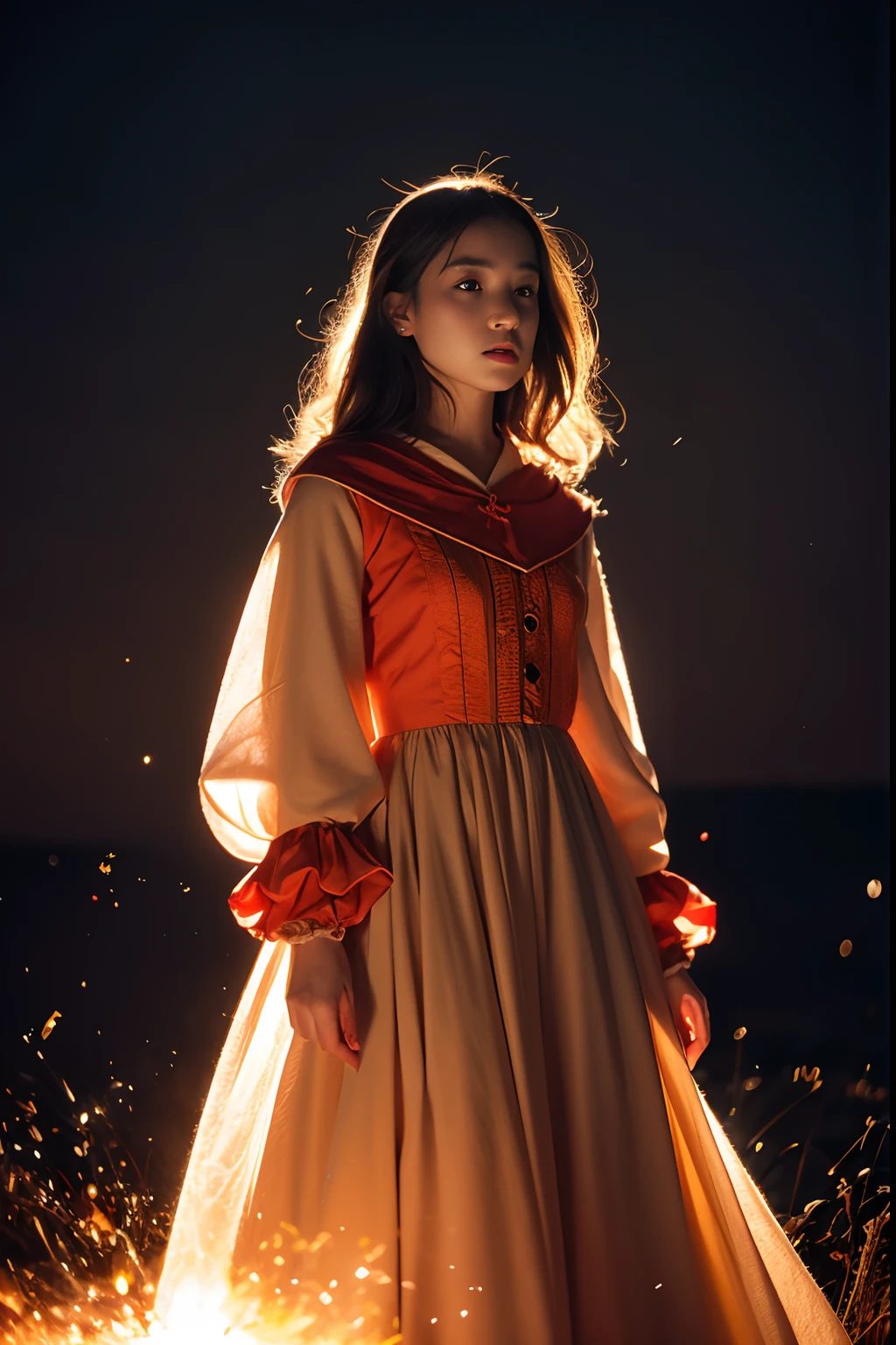 RAW photo, full sharp, (Full HD epic wallpaper) 8K  UHD, Digital SLR, Soft lighting, High quality, filmgrain, Fujifilm XT3, hiqcgbody, (1人, Kizi:1.2),Focus above the thighs, Broken glass effect, Vivid yellow flame, Ethereal sparks, vulnerable, Red eyes, Long gray hair,Wind，Fluttering head， buzz cut, Style - Gravity magic, Portrait, Looking down, Solo, , Detailed background, Detailed face, Pale complexion,(( Lolita costume)), redcloak, Cape, Hood, malicious expression, The scarlet symbol rotates in the air,(Floating fire particles, particle fx), Skylight color scheme,  Huge red flame, the are In the background, Surrounded by a crimson mist, Sunset, symetrical composition, Epic atmosphere,
