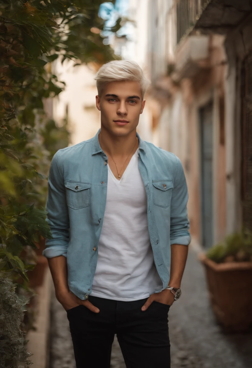 Homem branco jovem, with very short hair and very light blond of European ethnicity. Ele deve estar de costas para foto, dentro de um apartamento.