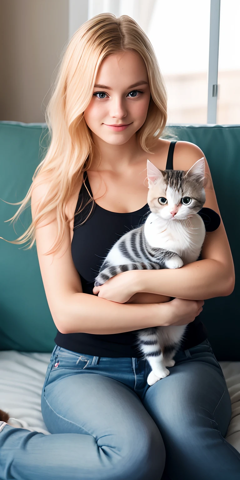 19 year old Finnish blonde woman with cute American shorthair kitten