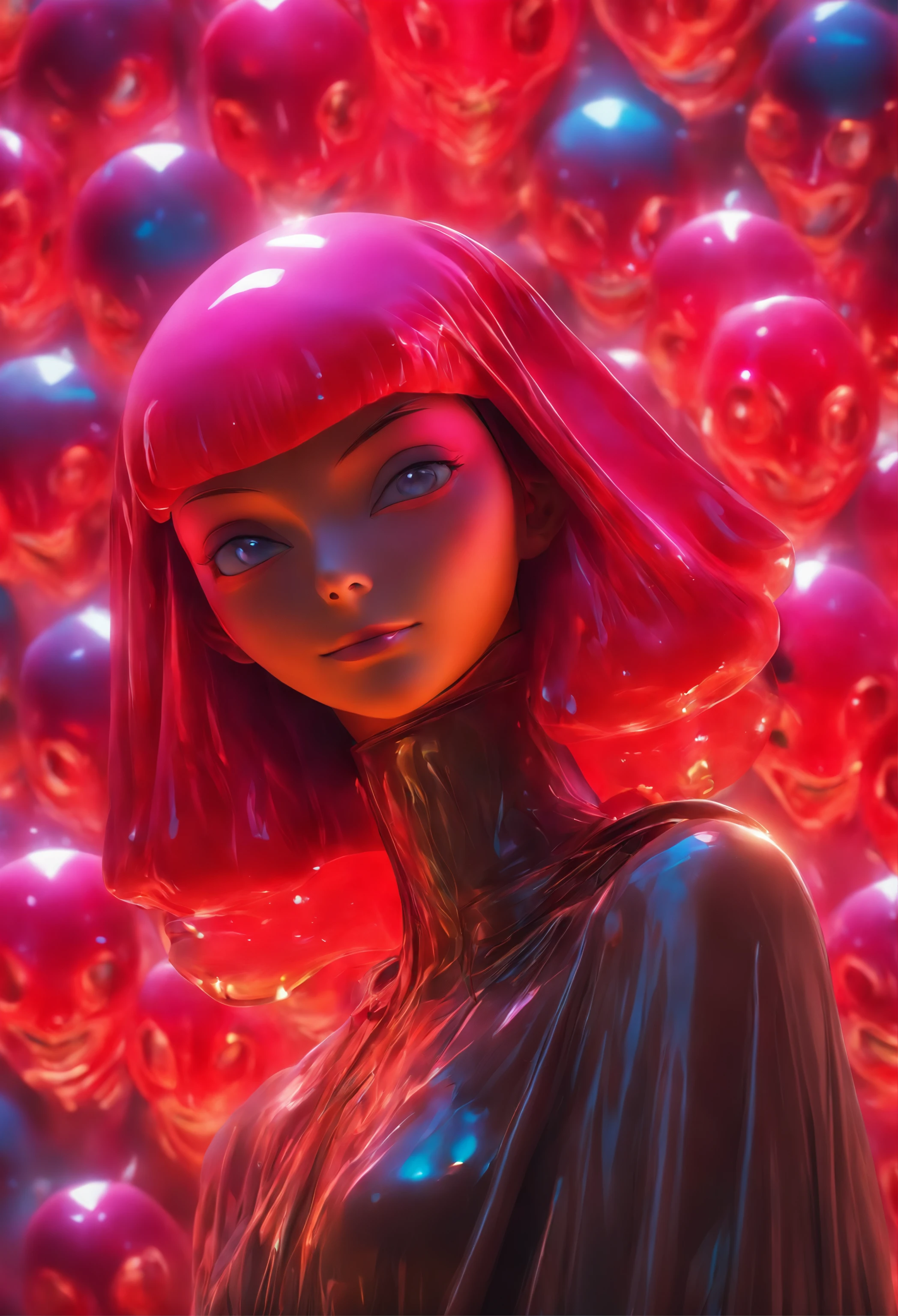 Semi-body shot, Ultra Realistic Photo, Beautiful model wearing an avant-garde jelly alien nun mask, rendering by octane