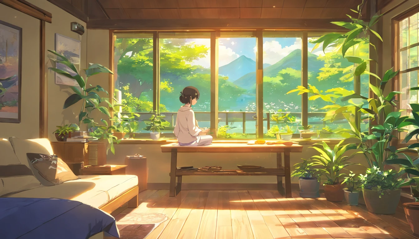 Menina com fones de ouvido, Meditando, abrir janela, quarto, ambiente tranquilo, luz solar suave, ambiente aconchegante, Relaxing music, serene expression, olhos fechados, comfortable seats, wooden floor, cortinas florais, Plantas Verdes, Brisa Natural, calming vibrations, suaves raios de luz, Tranquil setting, quietude, harmonia, serenidade, relaxamento profundo, cores calmantes, energia positiva, mindfulness, Sunniness, introspection, Viagem interior, serenidade, fuga do mundo exterior
