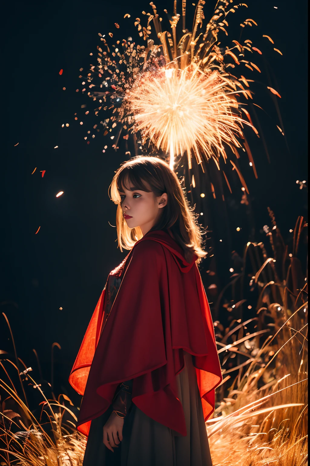 RAW photo, full sharp, (Full HD epic wallpaper) 8K UHD, Digital SLR, Soft lighting, High quality, filmgrain, Fujifilm XT3, hiqcgbody, (1人, Kizi:1.2),Focus above the thighs, Broken glass effect, Vivid yellow flame, Ethereal sparks, vulnerable, Red eyes, Long gray hair,Wind,Fluttering head, buzz cut, Style - Gravity magic, Portrait, Looking down, Solo, , Detailed background, Detailed face, Pale complexion,(( ta costume)), redcloak, Cape, Hood, malicious expression, The scarlet symbol rotates in the air,(Floating fire particles, particle fx), Skylight color scheme, Huge red flame, the are In the background, Surrounded by a crimson mist, Sunset, symetrical composition, Epic atmosphere,