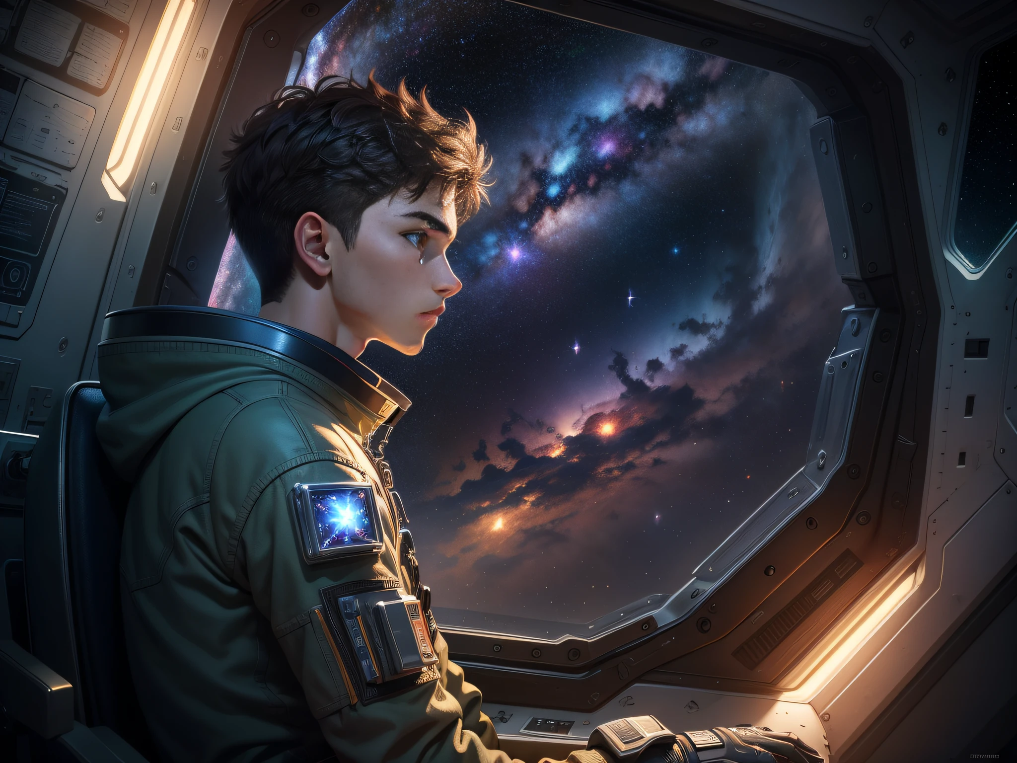 ((masterpiece)), ((highest quality)), 8k, ultra-detailed, meticulously detailed, a boy, ((contemplative)), looking out spaceship window, (endless galaxy, shimmering stars), profile view,cinematic lighting,wide angle lens