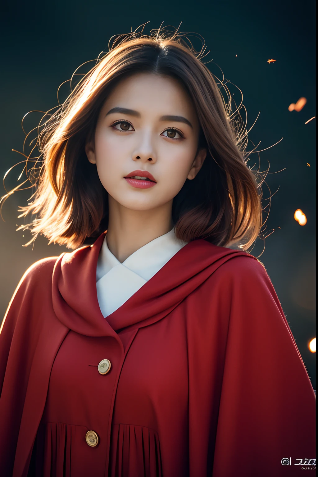 RAW photo, full sharp, (Full HD epic wallpaper) 8K UHD, Digital SLR, Soft lighting, High quality, filmgrain, Fujifilm XT3, hiqcgbody, (1人, Kizi:1.2),Focus above the thighs, Broken glass effect, Vivid yellow flame, Ethereal sparks, vulnerable, Red eyes, Long gray hair,Wind,Fluttering head, buzz cut, Style - Gravity magic, Portrait, Looking down, Solo, , Detailed background, Detailed face, Pale complexion,(( ta costume)), redcloak, Cape, Hood, malicious expression, The scarlet symbol rotates in the air,(Floating fire particles, particle fx), Skylight color scheme, Huge red flame, the are In the background, Surrounded by a crimson mist, Sunset, symetrical composition, Epic atmosphere,