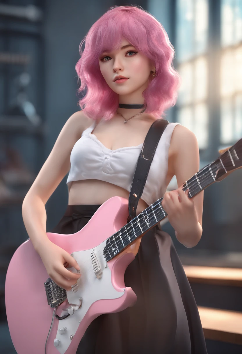 Pink-haired Allalyn playing blue guitar in studio, realistic anime 3 d style, photorealistic anime girl render, Playing guitar, guitar solo, Playing the guitar, guitarrist, Smooth Anime CG Art, the girl plays the guitar, anime styled 3d, Trending on CGSTATION, render of a cute 3d anime girl, 3 d anime realistic