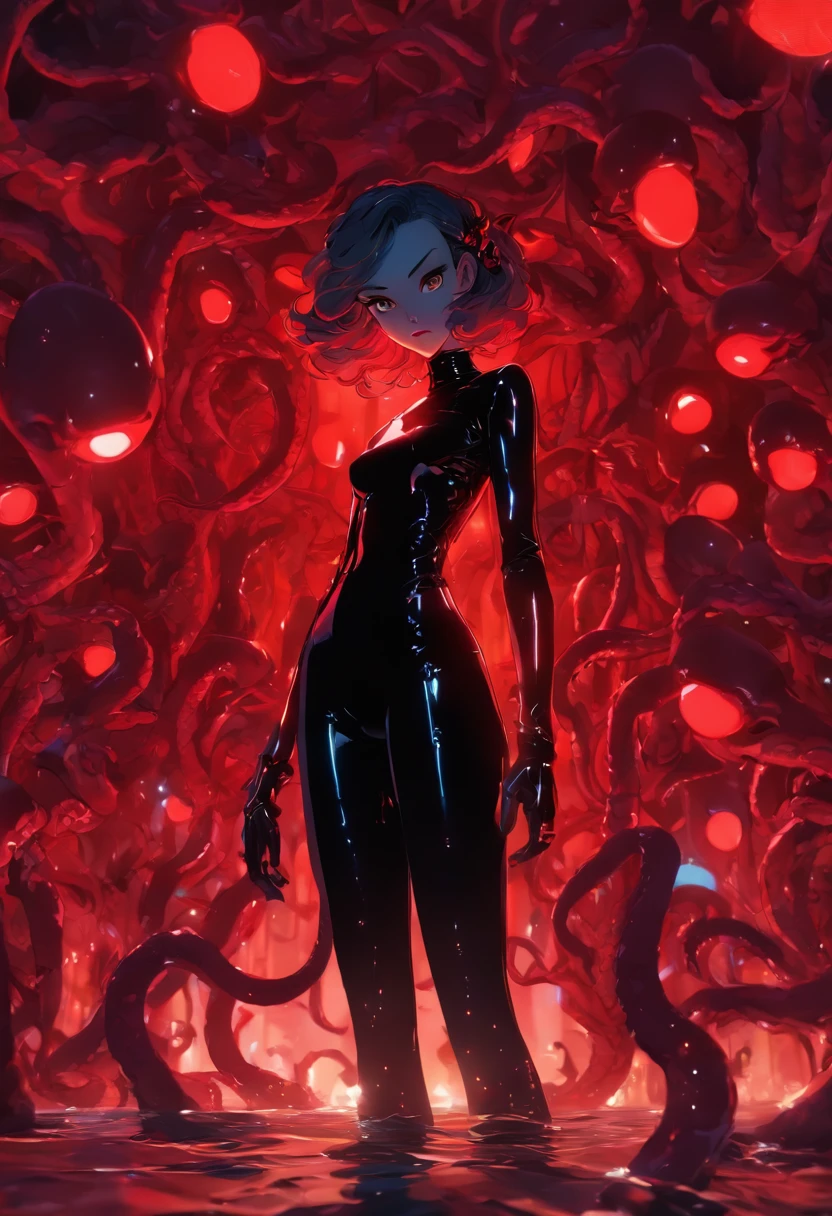 diabolical and evil aesthetic, high fashion campaign, high heels, android biomorphic catwoman, low angle, long shot surrounded by scary cyborgs a giant sinister and evil Octopus, big eggs and mirrors, modern trendy design, avant garde futuristic inspired, dark dramatic horror atmosphere, lovecraftian horror, tubes and cables in the backround, shes standing in a pool of red goo, incredibly detailed, sharpen details, cinematic production still, cinematography, photorealistic, modern composition, Unreal Engine, Cinematic, Color Grading, portrait photography, Ultra - Wide Angle, Depth of Field, hyper - detailed, beautifully coloured, insane detail, intricate detail, beautifully coloured, Cinematic, Colour Grading, Editorial Photography, Photography, Photo Shoot, Depth of Field, DOF, Tilt Blur, White Balance, Super Resolution, Megapixel, ProPhoto RGB, VR, Half Moon Lighting, Backlighting, Natural Lighting, Incandescent, Fiber Optic, Mood Lighting