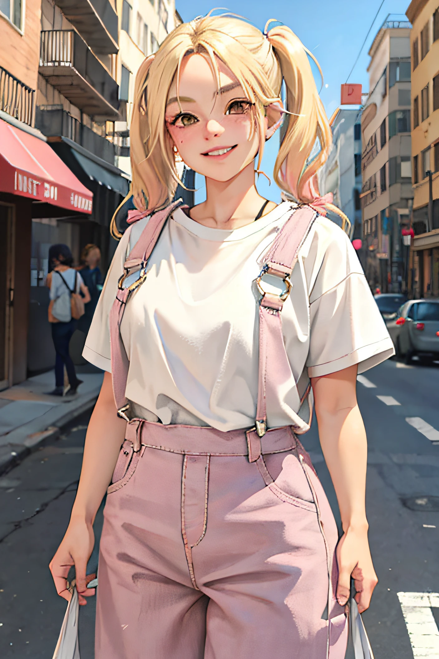 1girl, pigtails,urban street background,blonde hair,pink overalls with plain white t-shirt under, freckles,smirking,brown eyes,thick eyebrows,