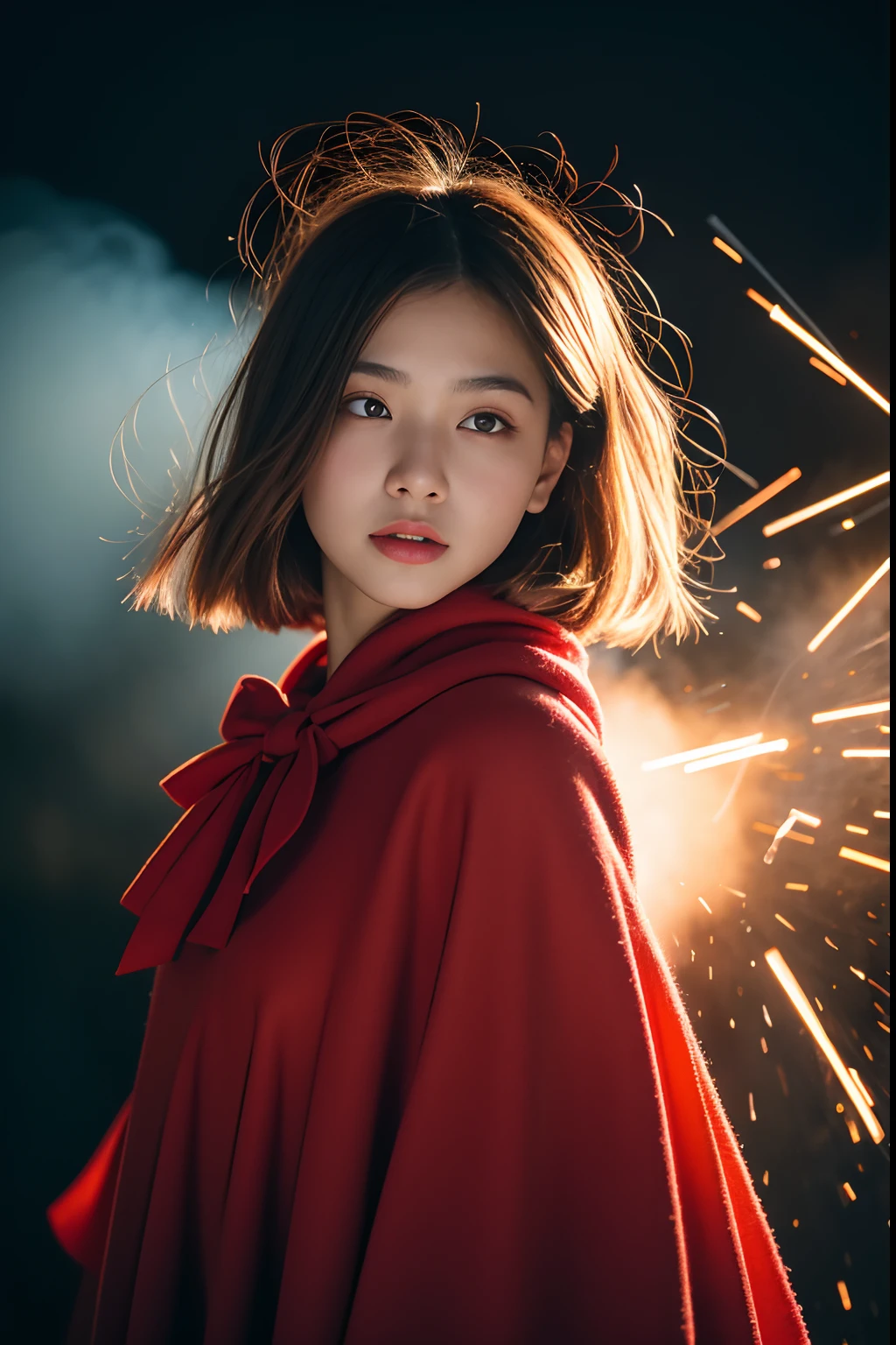 RAW photo, full sharp, (Full HD epic wallpaper) 8K UHD, Digital SLR, Soft lighting, High quality, filmgrain, Fujifilm XT3, hiqcgbody, (1人, Kizi:1.2),Focus above the thighs, Broken glass effect, Vivid yellow flame, Ethereal sparks, vulnerable, Red eyes, Long gray hair,Wind,Fluttering head, buzz cut, Style - Gravity magic, Portrait, Looking down, Solo, , Detailed background, Detailed face, Pale complexion,(( Lolita costume)), redcloak, Cape, Hood, malicious expression, The scarlet symbol rotates in the air,(Floating fire particles, particle fx), Skylight color scheme, Huge red flame, the are In the background, Surrounded by a crimson mist, Sunset, symetrical composition, Epic atmosphere,