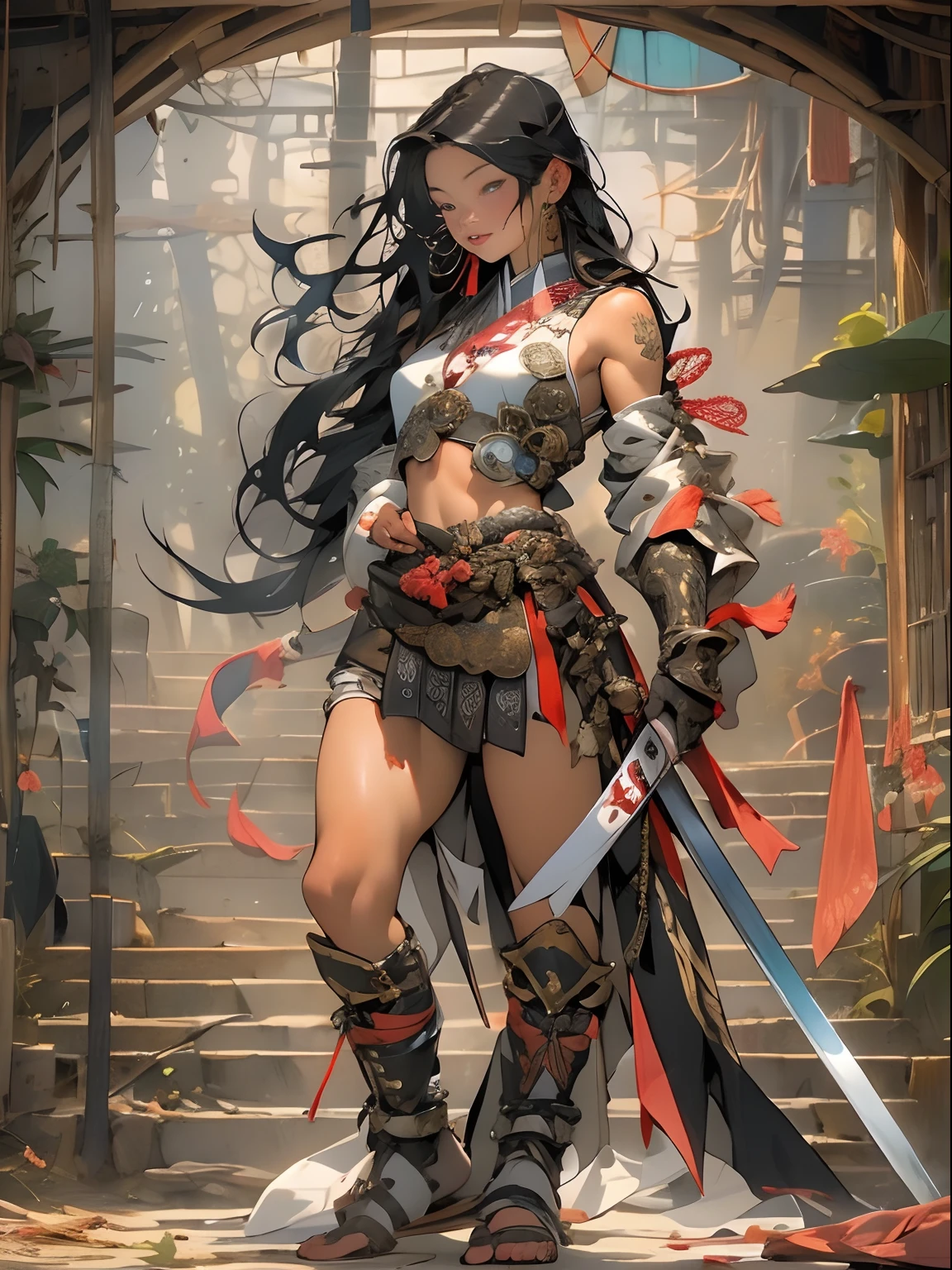 (((woman))), (((best qualityer))), (((tmasterpiece))), (((AS-Adult))), ((( Japanese ))), Look up from your knees, A beautiful asian samurai woman with perfect body, Modern samurai, ((( Asian))), Wear gloves on your hands,The left arm is made of steel and metal tips,Made of protective devices, The eyes are pulled, (( Appears below the breast )), (( Small dental floss )), Simon Bisley, Almost naked(Simon Bisley)Castle City Wilderness,For high-resolution posters, hair straight, Minimum clothing, armure (Crazy clothes ), Full of tips and rivets, tribal tattoos, (((full bodyesbian))), Straight brunette hair,Colored hair ends