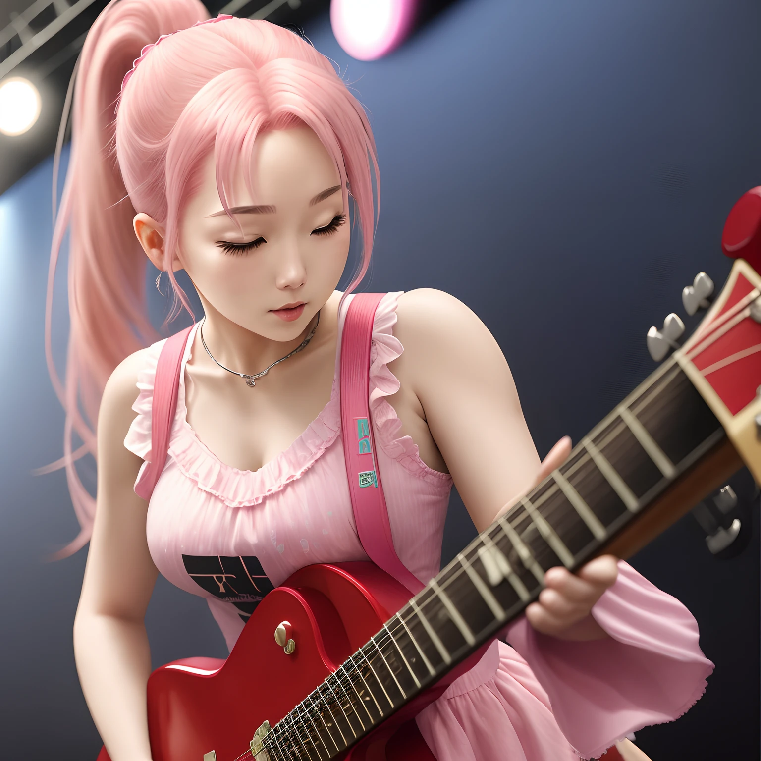 Woman Pulling Guitar Live
ponytail、Pink hair、Detailed body、Detailed guitar