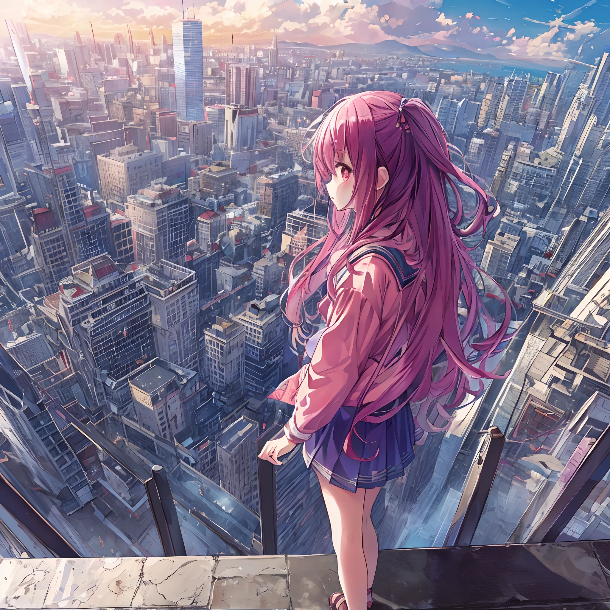 absurderes, hight resolution, (Anime style:1.1), ((masutepiece)), ((Best Quality)), (Ultra-detailed), (Beautiful), 独奏, Beautiful face、(liftup)、Cute little girl looking at the view from the top of a skyscraper that is closer to the atmosphere,Wind,Thin pink colorful long hair,, Red Eyes,Lens Flare,Dramatic,Detailed Ancient City、Skirt fluttering in the wind、Clouds below looking down、(Don't look here:1.4)