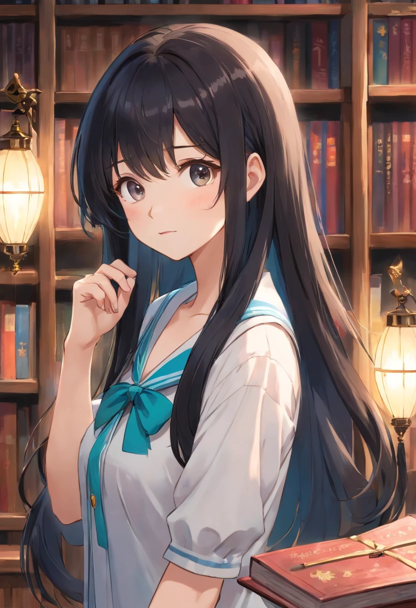 Masterpiece, Best quality, high resolution, extremely detailed photography, Professional lighting, Female students in school uniforms, Realistic young gravure student idol, she about 16White blouse, Smooth hair flow, Beautiful highschool girl, gogo dancer, suki, big collar, In a library, ayne haag, So cute, kawaii,Black hair, Straight hair one meter long,Lots of hair,Hair strands are clearly visible,The hair is thick,Top hair quality,The hair is too smooth,Hair is unusually smooth,The shine of the hair is dazzling,Masterpiece, Best quality, high resolution, extremely detailed photography, Professional lighting, (The rubber band slowly slipped from the hair,Untie smooth hair along the trajectory of the rubber band,Smooth hair is untangling:5.5),8K, Super detail,Jet-black hair,Jet-black hair, Super hydrated hair,Top moisturizing hair,Smooth hair at the highest end,Hydrated hair reflects a dazzling water light,Black straight hair is the highest grade and smoothest hair,a superlative, Smooth hair in circles,Spins like a fan,The hair unfolds quickly,High-grade hair spreads quickly like a fan。Hair of the highest rank is draped over the shoulders,High-grade hair covers the whole body