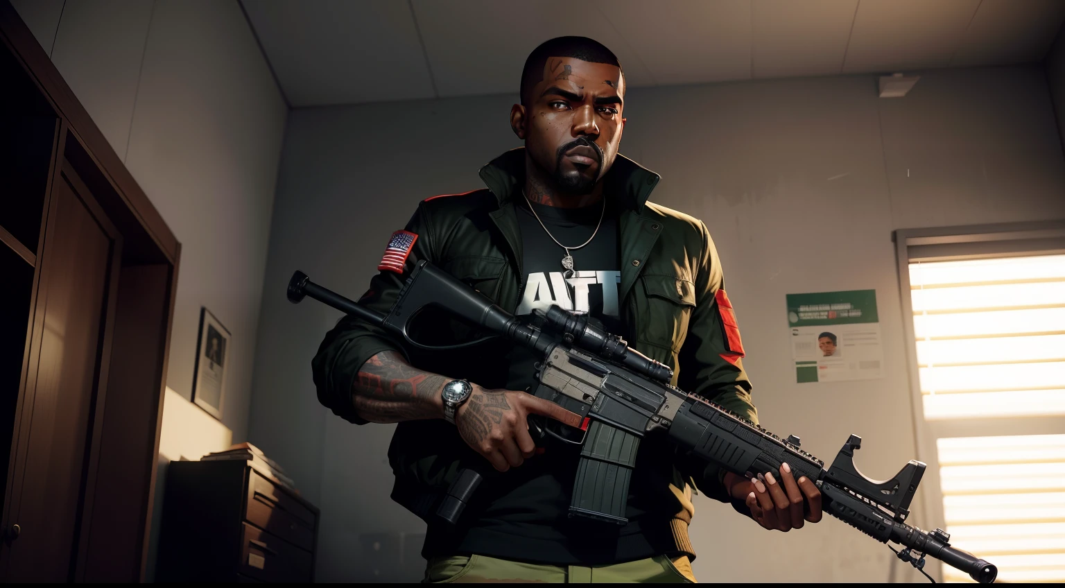 One man,Army clothing ,gta personagem, Como o protagonista de GTA 5, GTA V Estilo, corte de cabelo red,cabelo red,Kanye West em GTA v, Estilo GTA5, gta v personagem, empunhando fuzil de assalto,rifle in hand ,fuzil AK-47 ,gta 5 tom de pele negro,