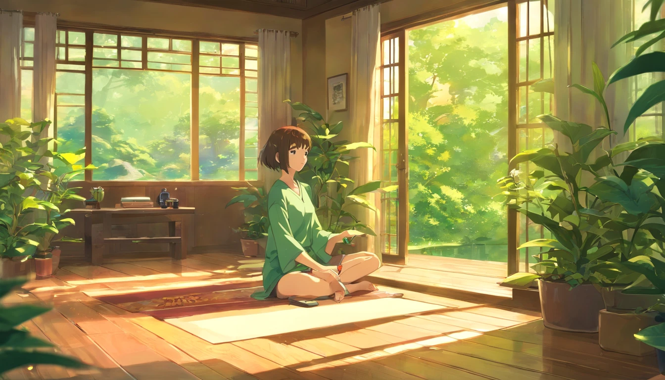 Menina com fones de ouvido, cabelo longo, Meditando, abrir janela, quarto, ambiente tranquilo, luz solar suave, ambiente aconchegante, Relaxing music, serene expression, olhos fechados, comfortable seats, wooden floor, cortinas florais, Plantas Verdes, Brisa Natural, calming vibrations, suaves raios de luz, Tranquil setting, quietude, harmonia, serenidade, relaxamento profundo, cores calmantes, energia positiva, mindfulness, Sunniness, introspection, Viagem interior, serenidade, fuga do mundo exterior