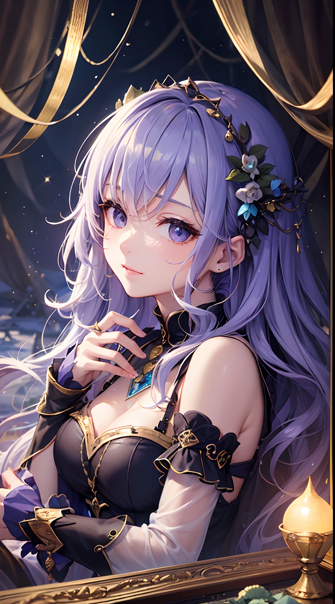 (masterpiece、top-quality、top-quality、Official Art、Beautifully Aesthetic:1.2)、(1 girl in:1.3)、wavy and long hair、light purple hair、very detailed portrait、looking at the viewers、独奏、(full bodyesbian:0.6)、细致Background with、a closeup、radiant eyes、(Cold Arctic Winter theme:1.1)、fortune teller、Mountain division、show the grinps、myterious、The table、Colorful shoulderless loose gypsy fortune teller clothes、grail、 Tarot Cards、Crystal jade、medieval times(interior of a tent:1.1)Background with、Tent curtain on background、Dark mystical lighting、shadowy、Magical atmosphere、Starry Night、Dutch angle、Healing and Guidance、Wakawe、Wakame seaweed、