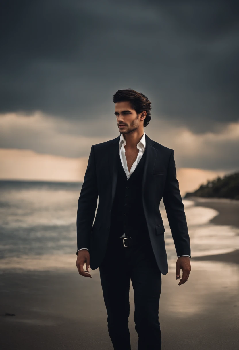 Idade: 24 years Gender: Male Appearance: um jovem alto, com cabelos pretos e olhos pretos intensos. Ele sempre usa um terno preto bem ajustado, matching a white shirt and does not have a tie. His smile is enigmatic and mysterious, conveying a certain indifference to the world around you.