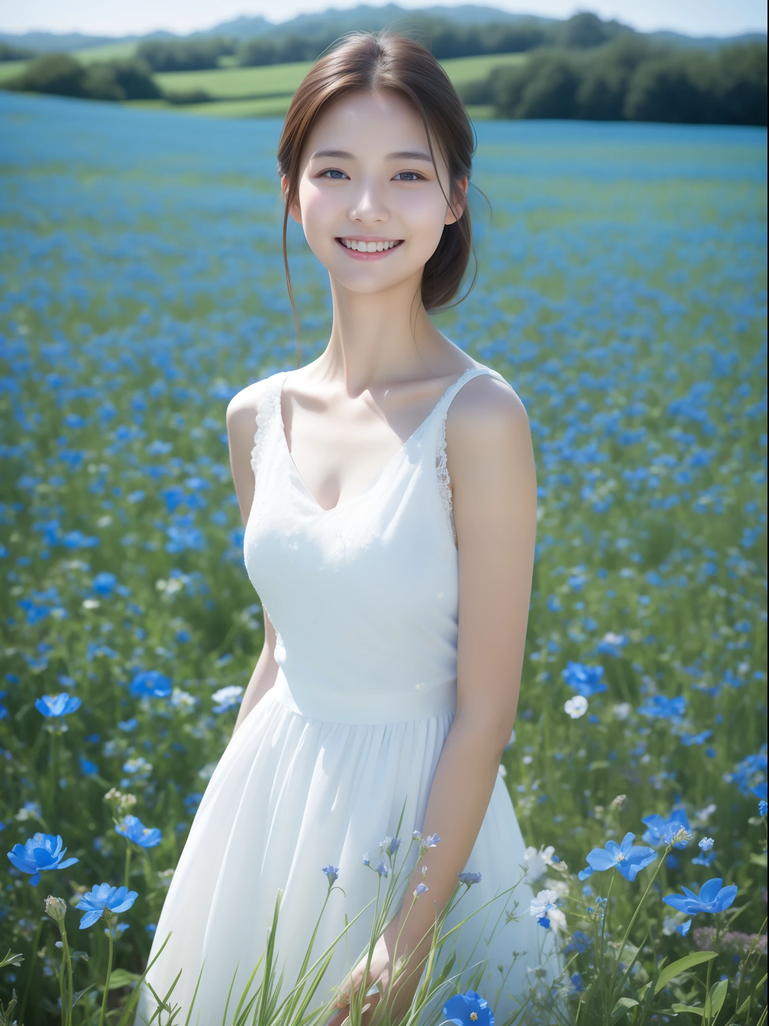 cleavage，Best quality, masterpiece, ultra high res, (photorealistic:1.4), raw photo, 1girl, white dress, off shoulder, blue flower field, glowing skin, light smile